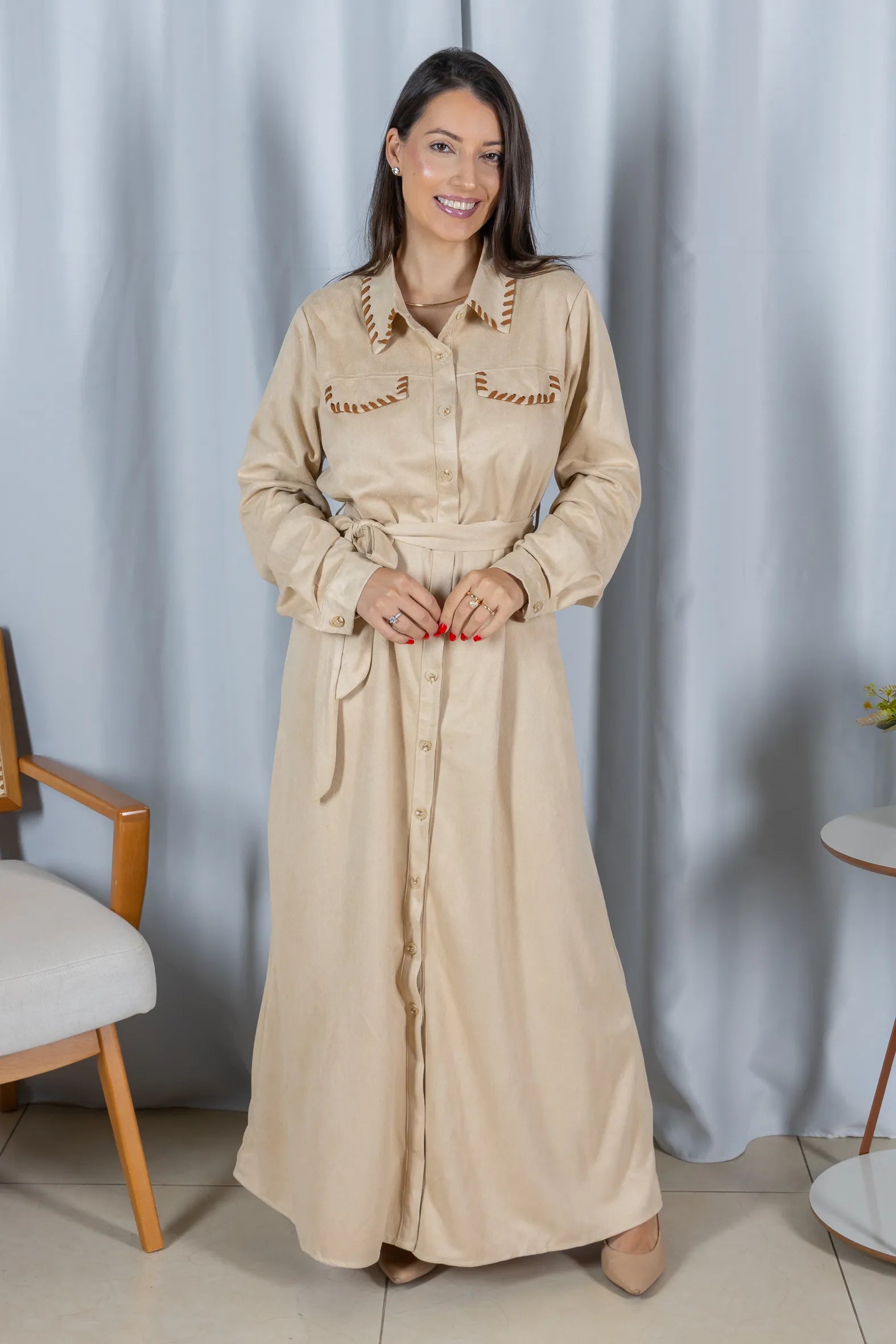 Chemise Suede Pesponto Sofisticado Luna Creme - detalhe principal