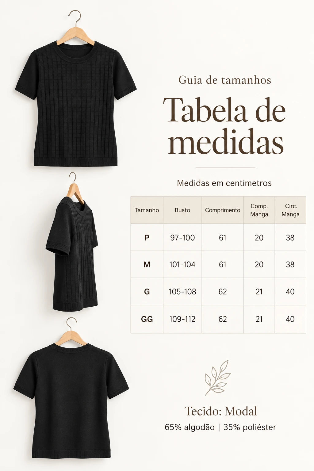 Blusa Leve em Modal Soraya Preta - tabela de medidas