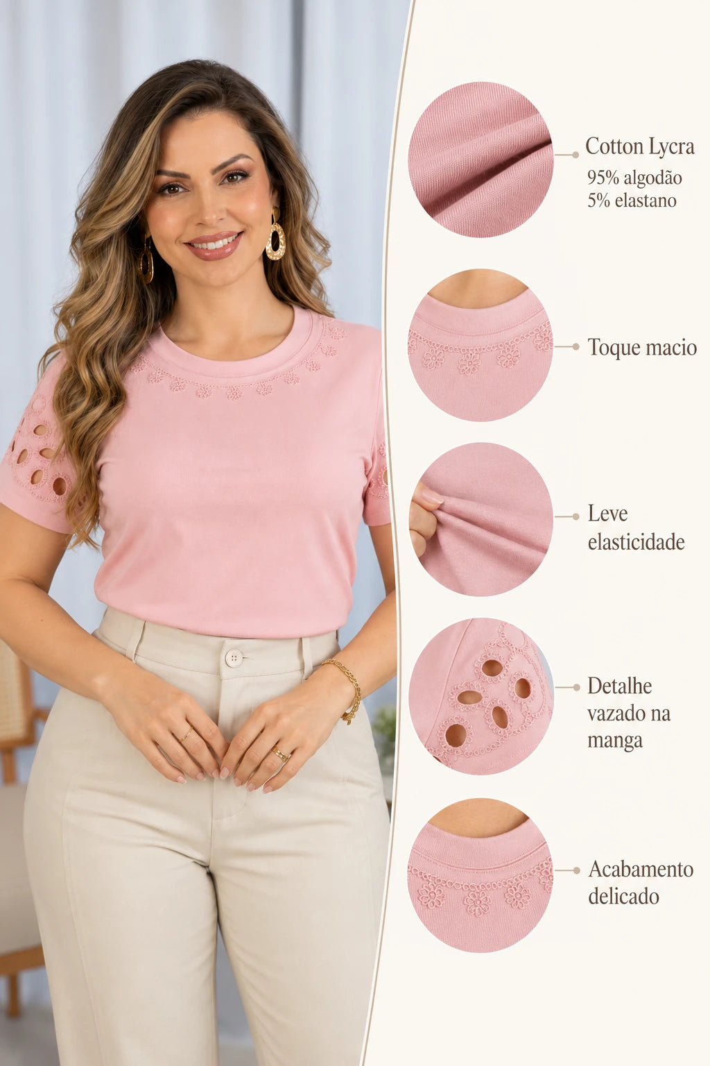 Blusa Confortável em Cotton Lycra com Manga Vazada Paula Rosa - adicional 4