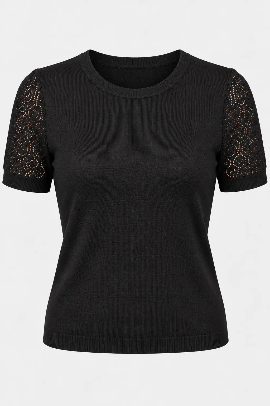 Blusa Manga Curta Modal Renda Efeito Crochê Jordana Preta