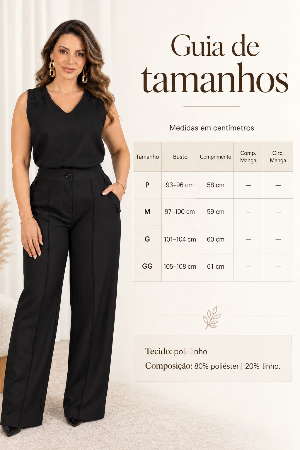 Blusa Regata em Poli-Linho Caroline Preta - tabela de medidas