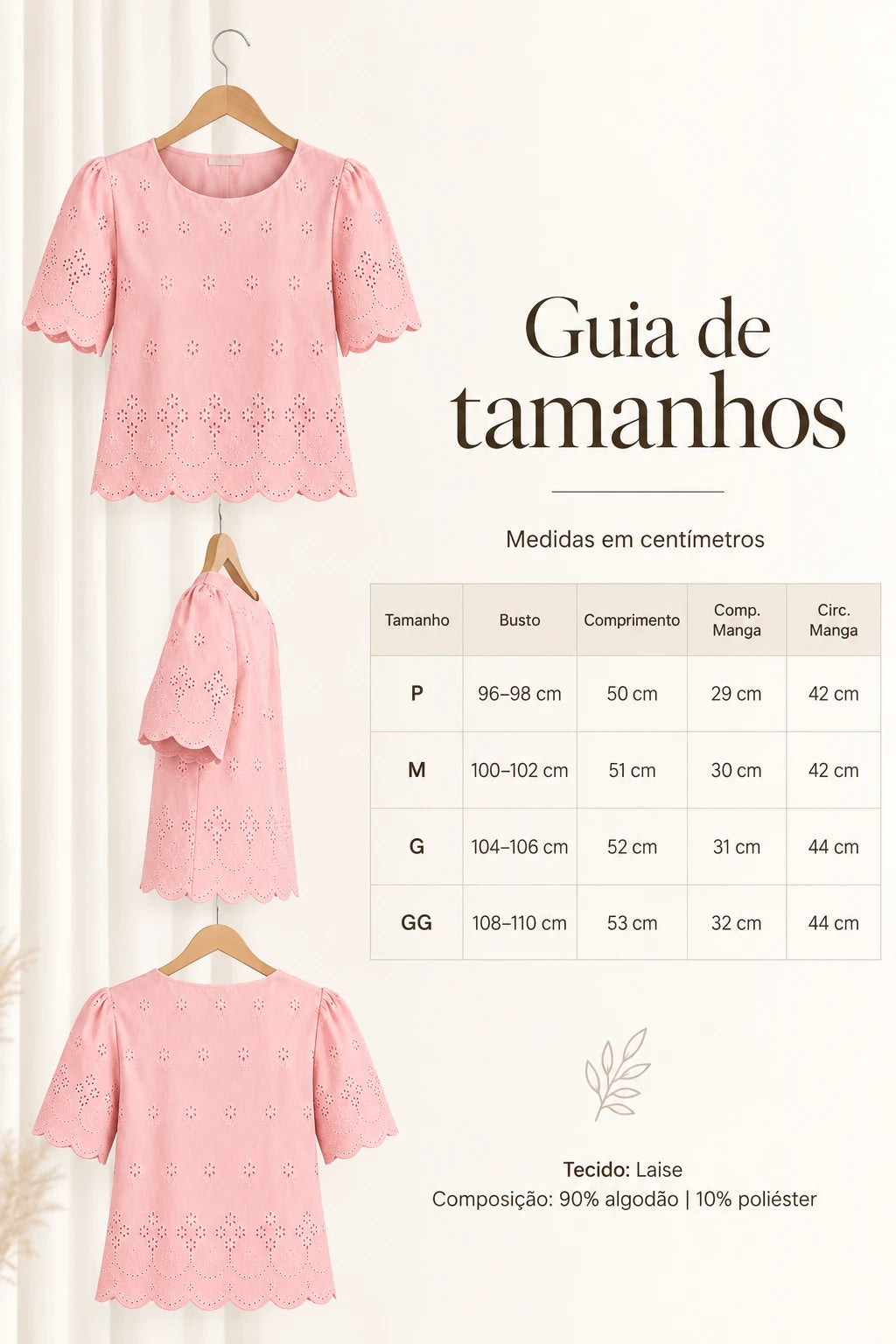 Blusa em Laise Leve e Delicada Clarissa Rosa - tabela de medidas