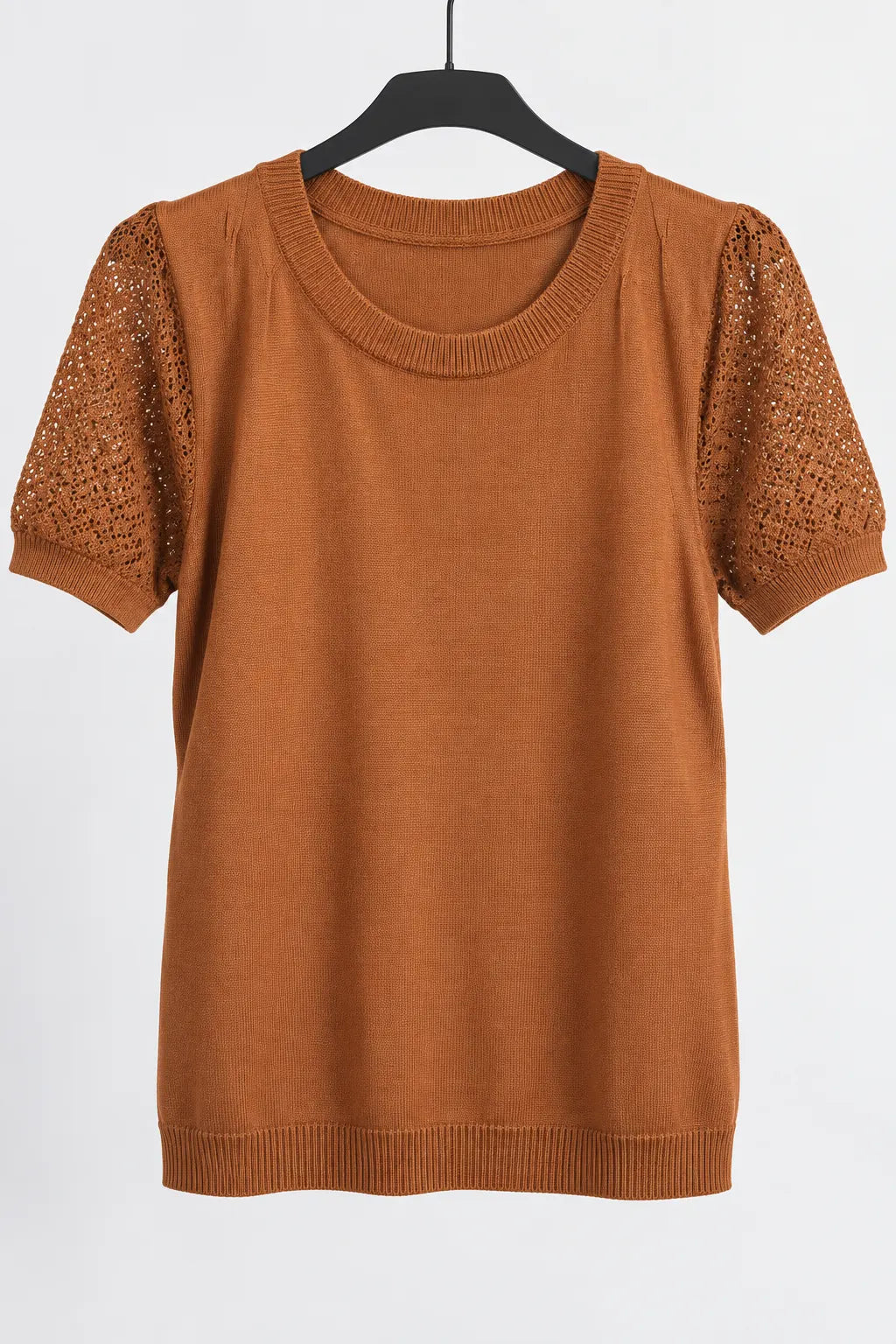 Blusa Manga Curta Modal Renda Efeito Crochê Jordana Caramelo
