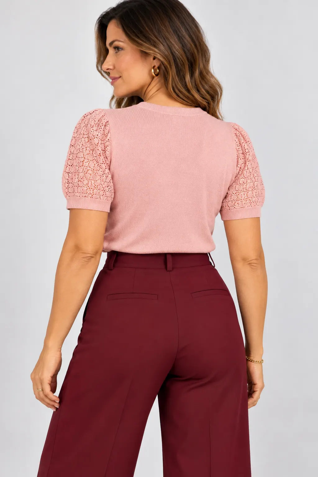 Blusa Manga Curta Modal Renda Efeito Crochê Jordana Rosa