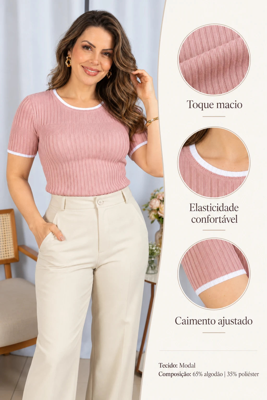 Blusa que Estica Detalhes Contrastantes Alessia Rosa - adicional 1