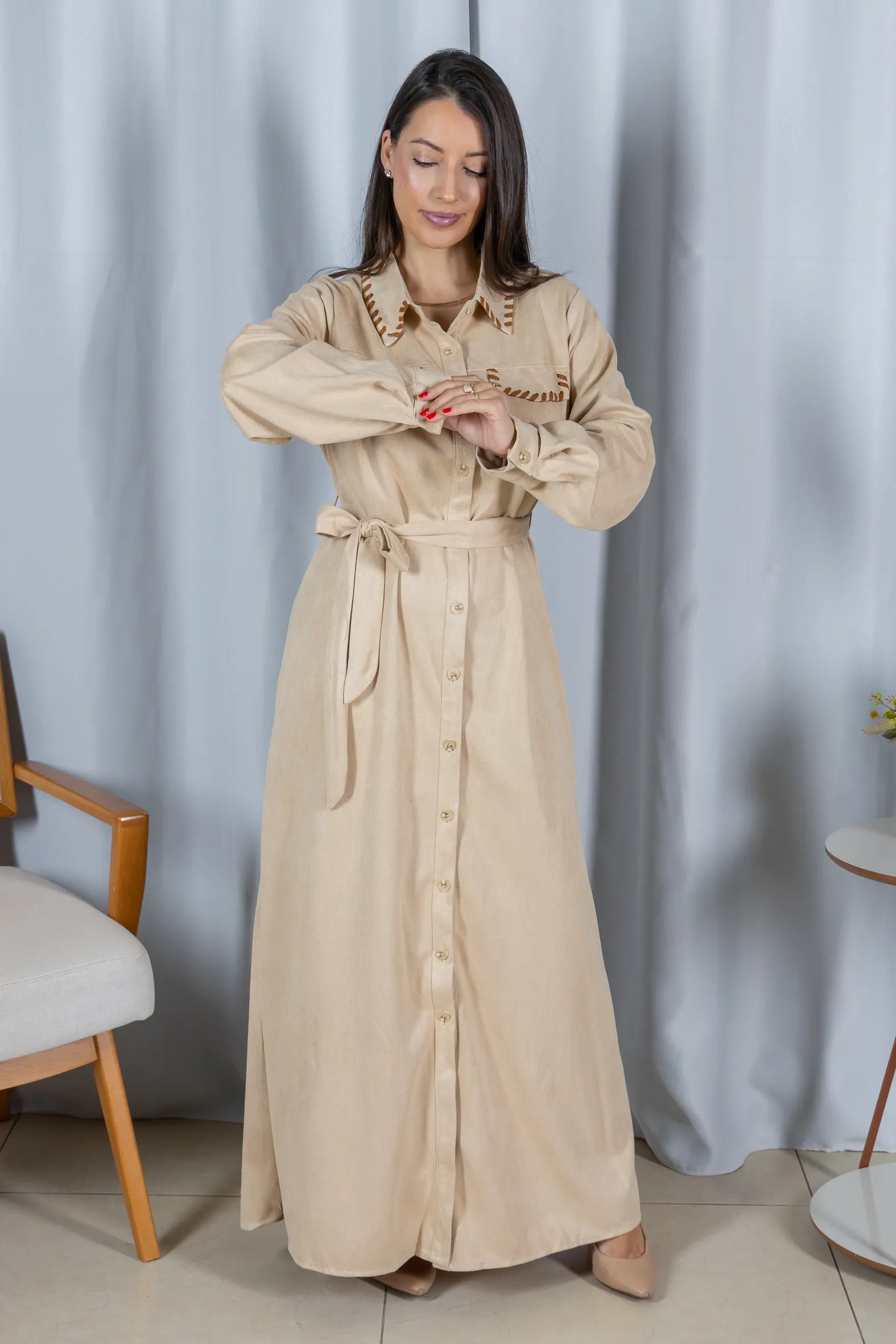 Chemise Suede Pesponto Sofisticado Luna Creme - lateral