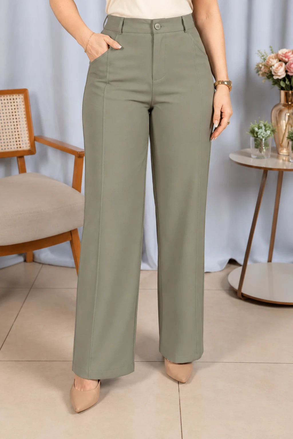Calça Alfaiataria Corte Reto Friso Joyce Verde - adicional 5
