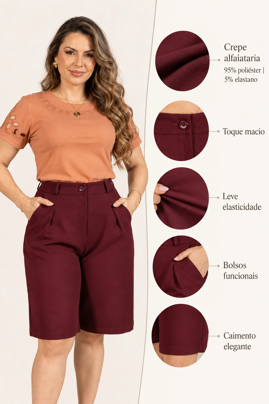 Bermuda em Crepe Alfaiataria Marlene Marsala - benefícios
