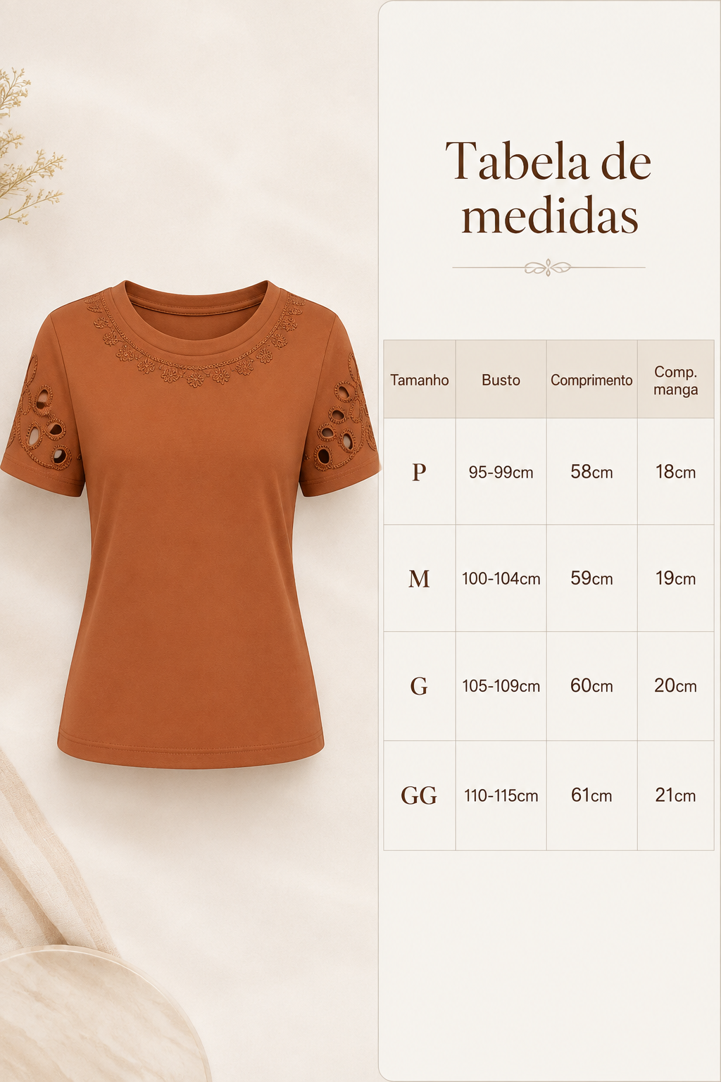 Blusa Confortável em Cotton Lycra com Manga Vazada Paula Marrom - adicional 5
