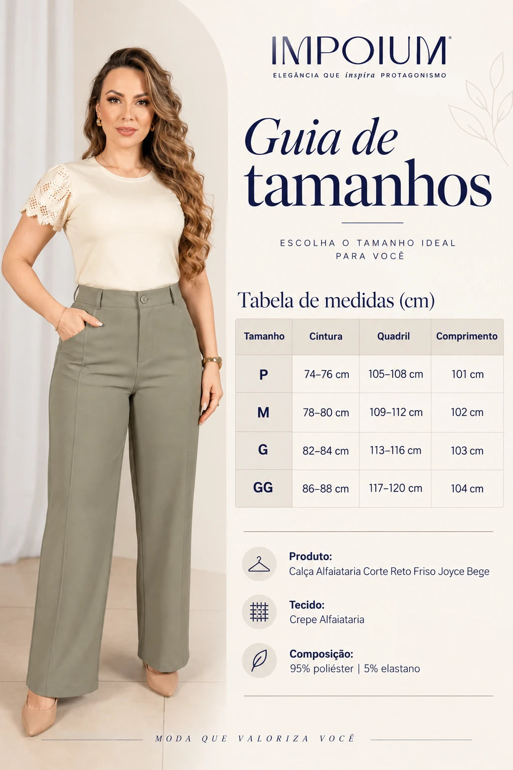 Calça Alfaiataria Corte Reto Friso Joyce Verde - tabela de medidas