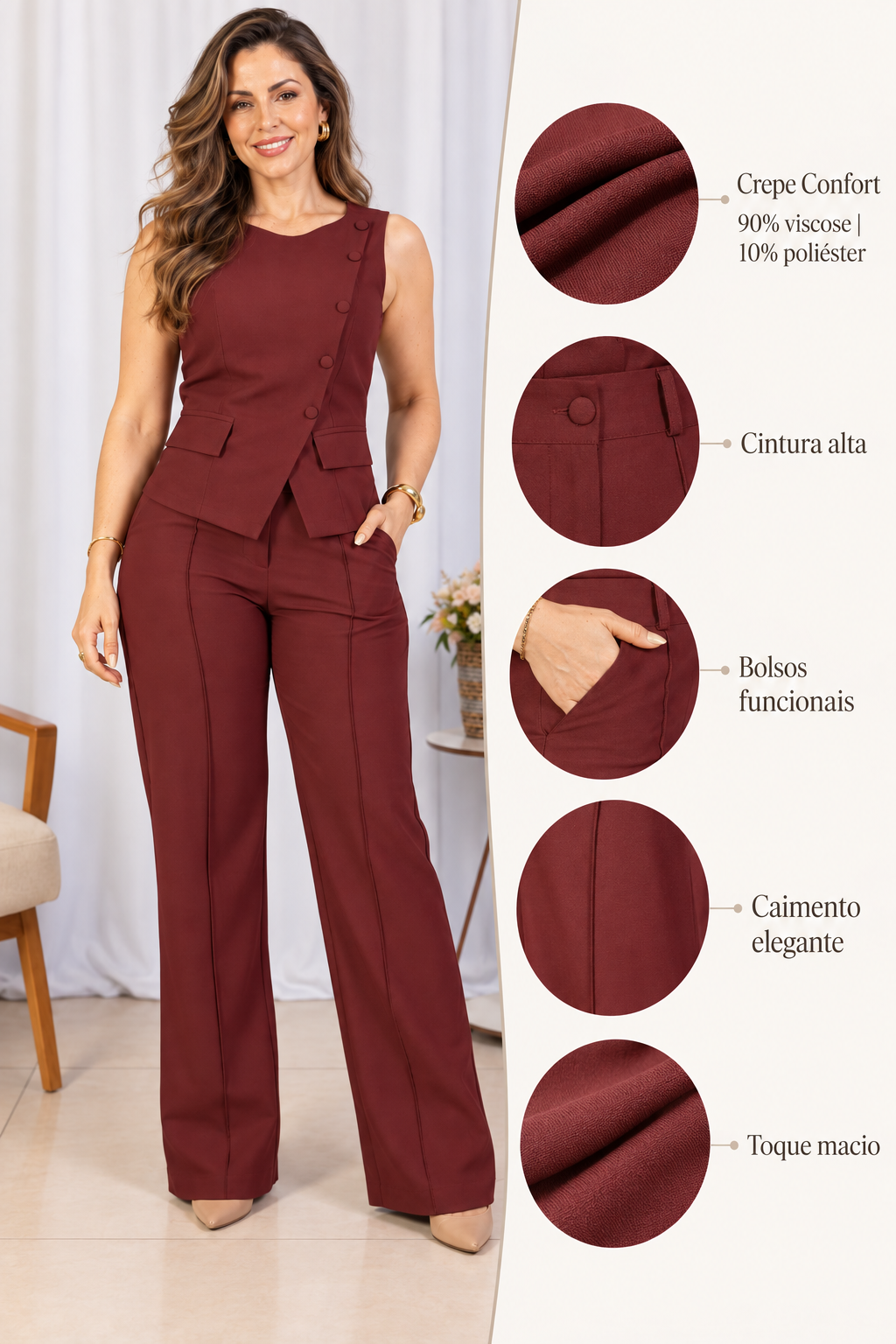 Calça Corte Reto em Crepe Confort Juliane Marsala