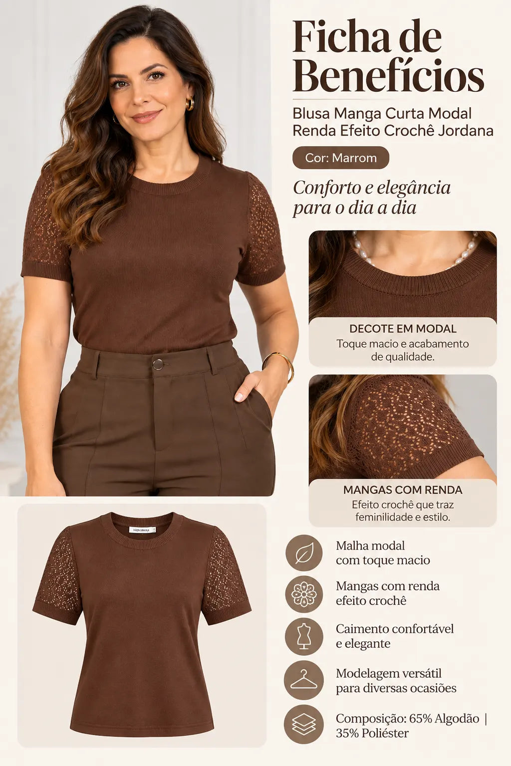 Blusa Manga Curta Modal Renda Efeito Crochê Jordana Marrom