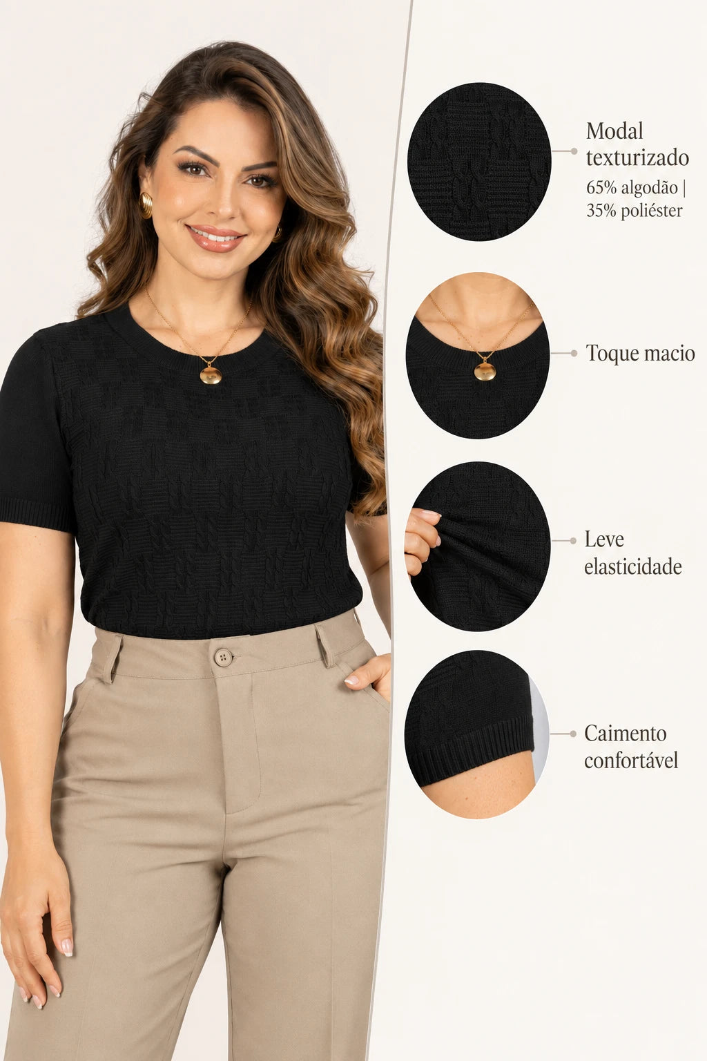 Blusa Manga Curta em Modal Texturizado Ariana Preta - adicional 1