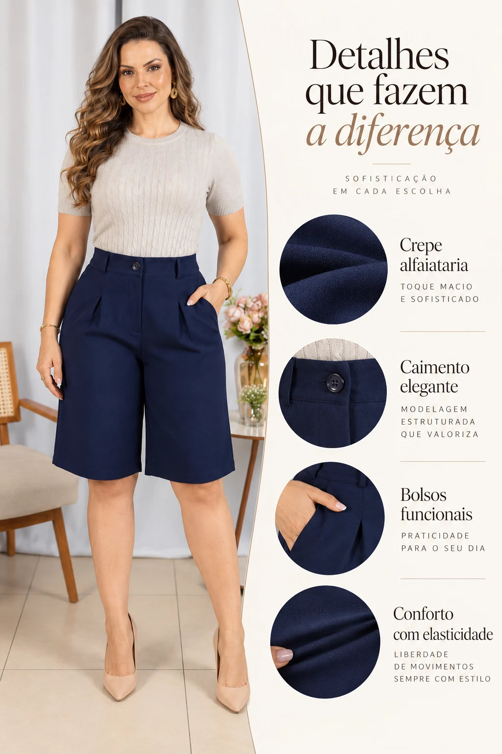 Bermuda em Crepe Alfaiataria Marlene Azul Marinho - frente