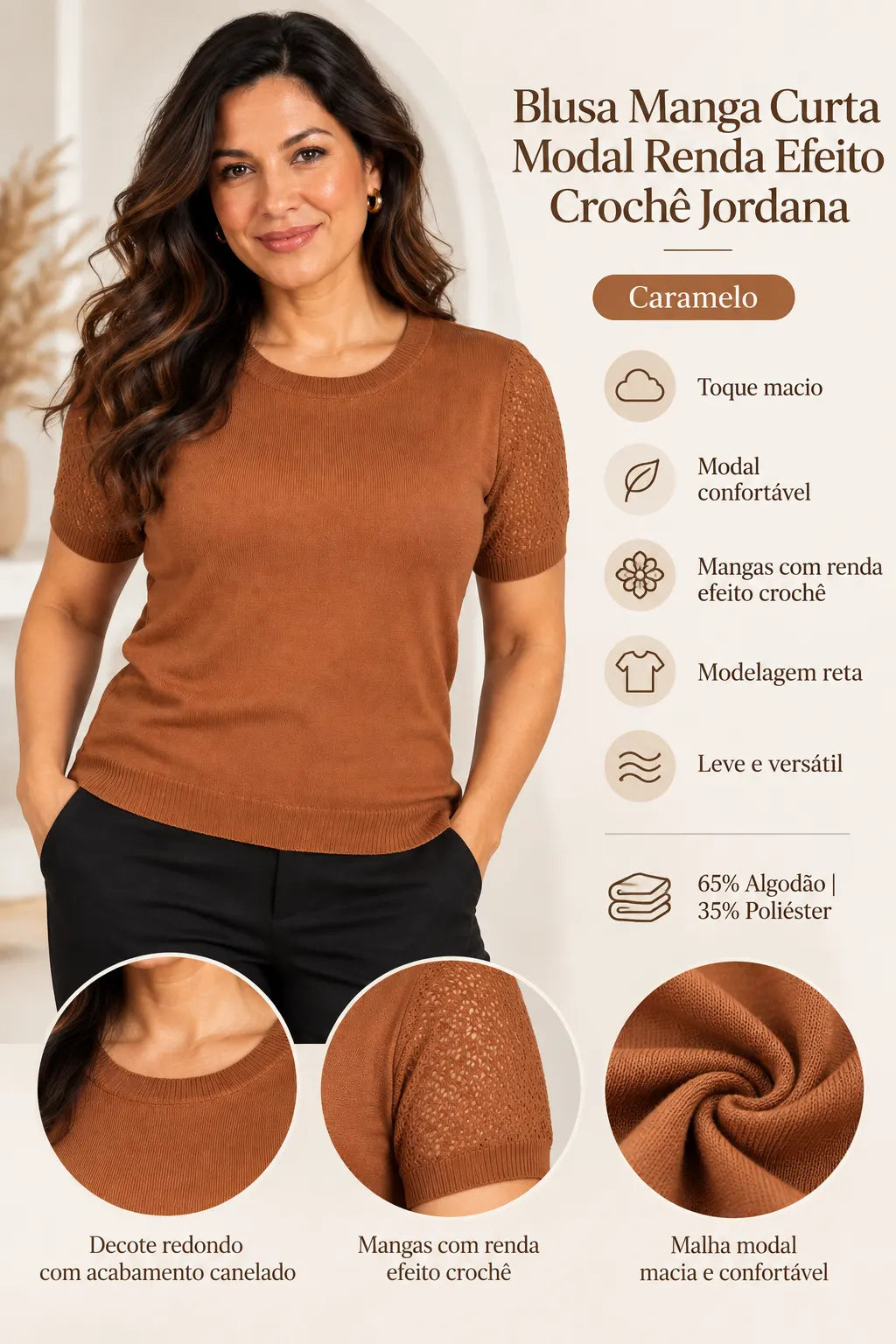 Blusa Manga Curta Modal Renda Efeito Crochê Jordana Caramelo
