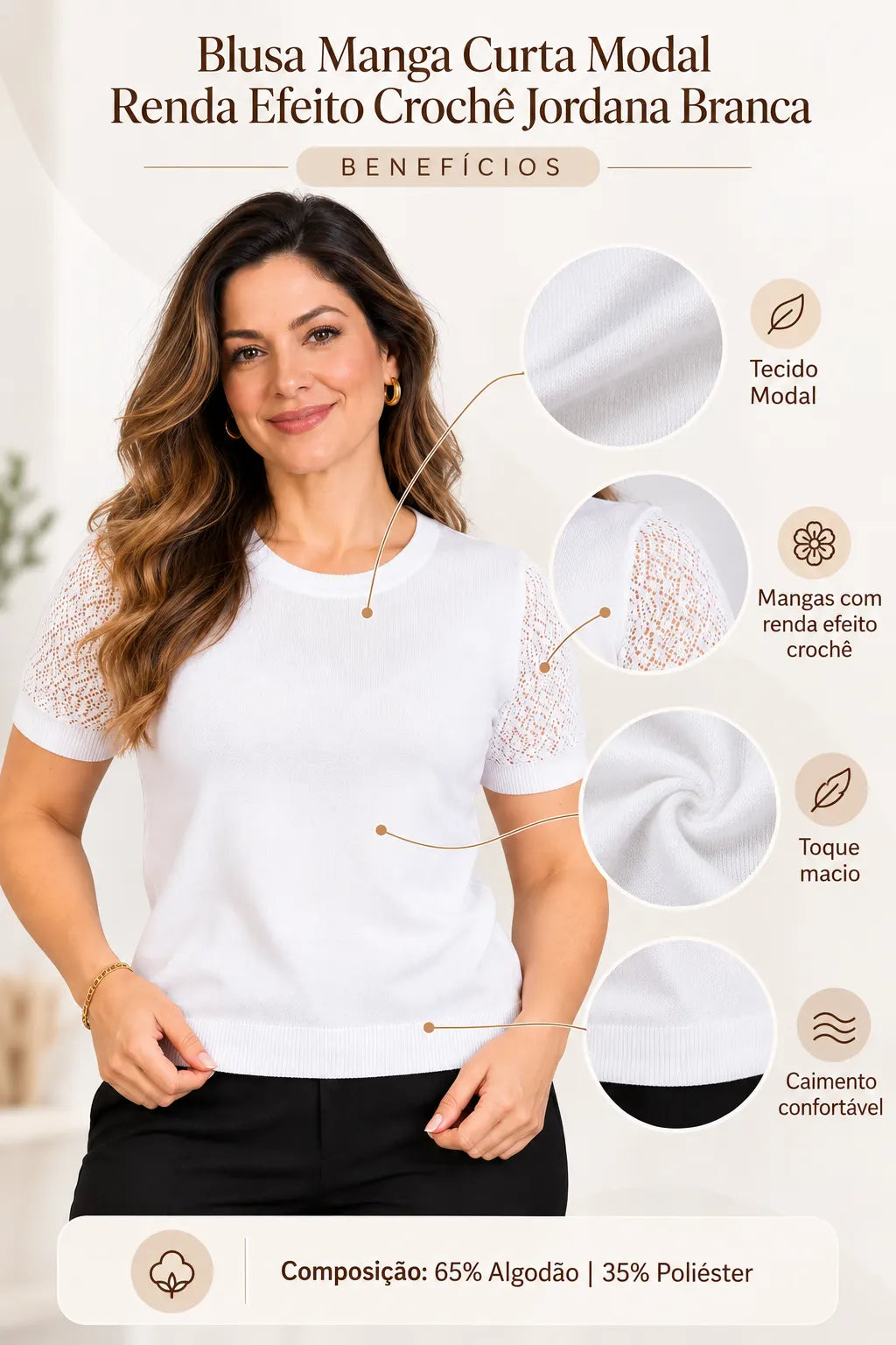 Blusa Manga Curta Modal Renda Efeito Crochê Jordana Branca