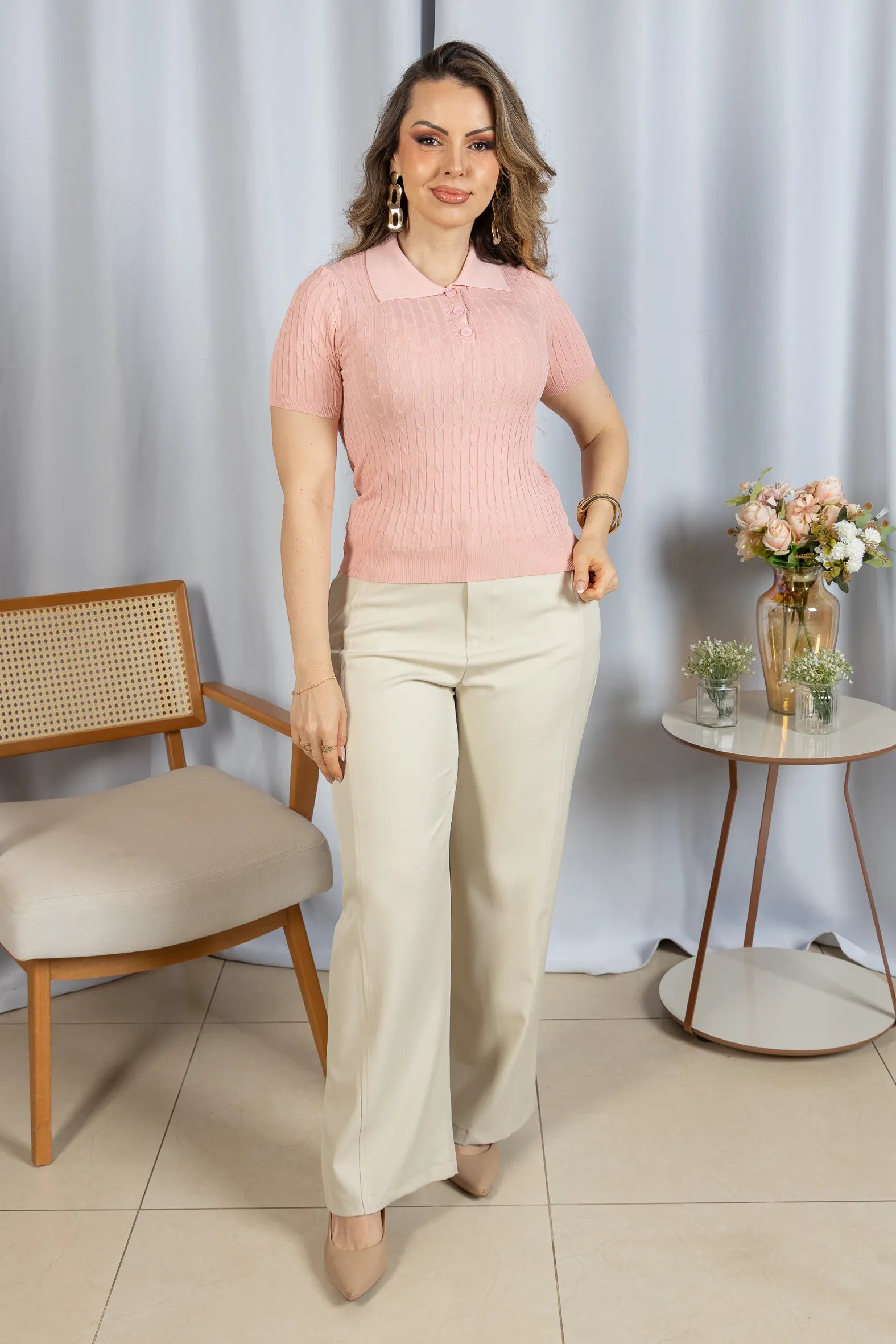 Blusa Modal Macia com Botões Juliete Rosa - frente