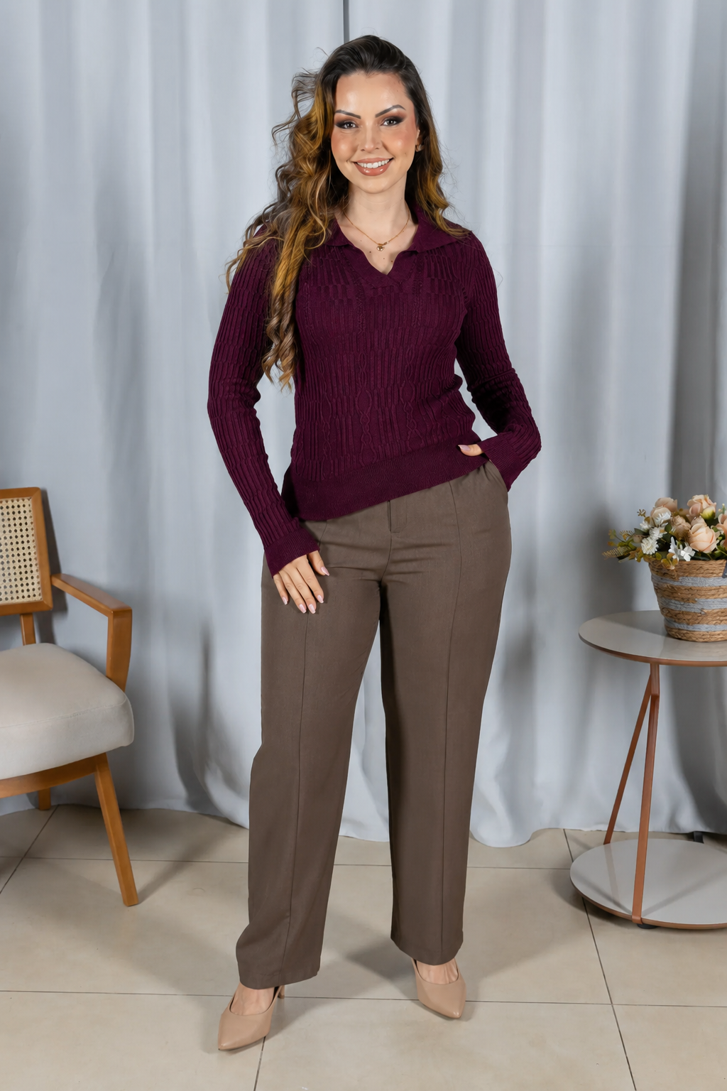 Tricot Modal Leve Decote V Stella Marsala