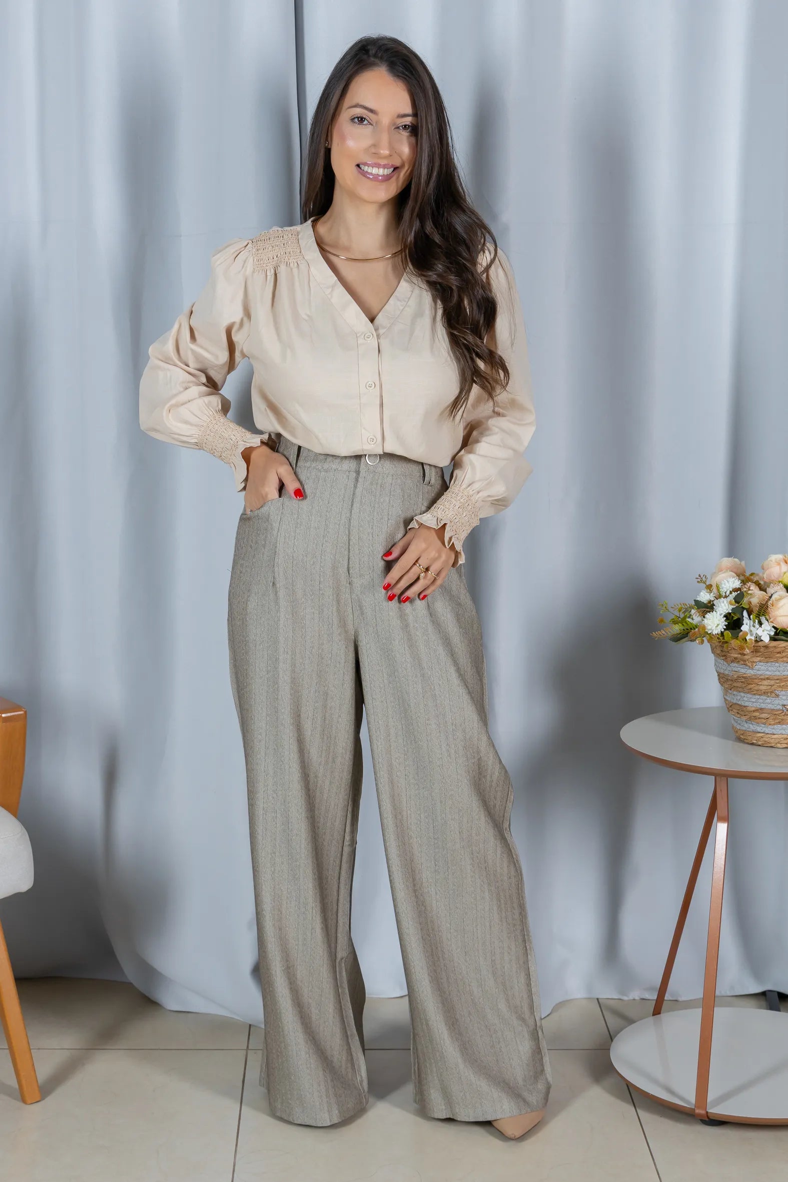 Blusa Cotton Visco com Bordado Artesanal Daiane Creme - detalhe principal