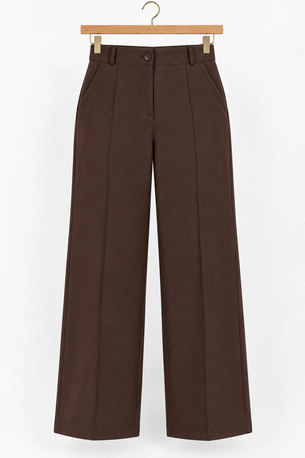 Calça Alfaiataria Corte Reto Friso Joyce Marrom - detalhe