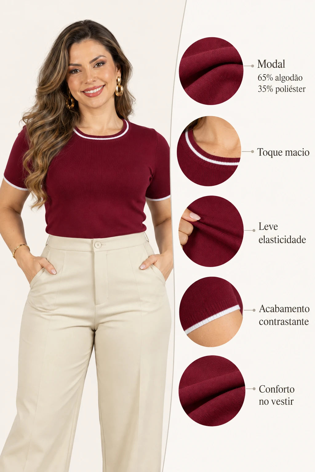 Blusa Confortável com Acabamento Contrastantes Janaína Marsala - benefícios