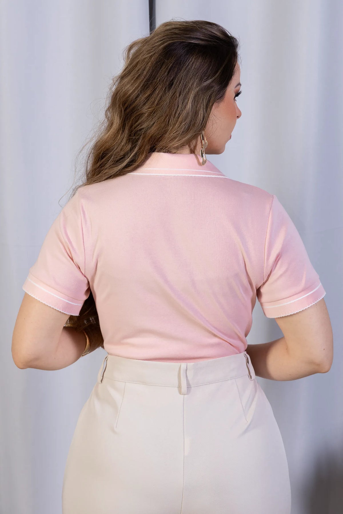 Blusa Manga Curta em Cotton Lycra com Gola Camisa Ilana Rosa