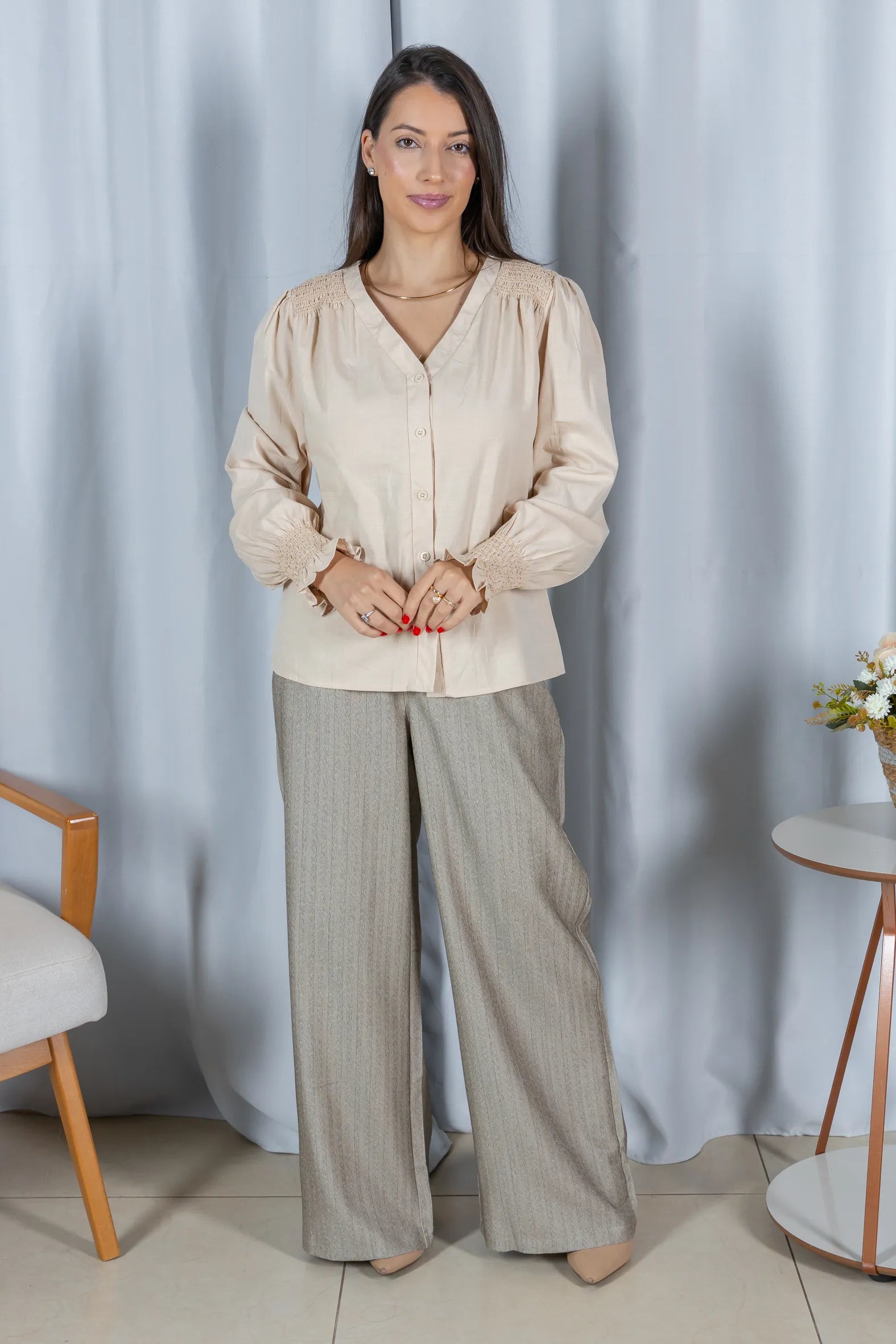 Blusa Cotton Visco com Bordado Artesanal Daiane Creme - frente principal