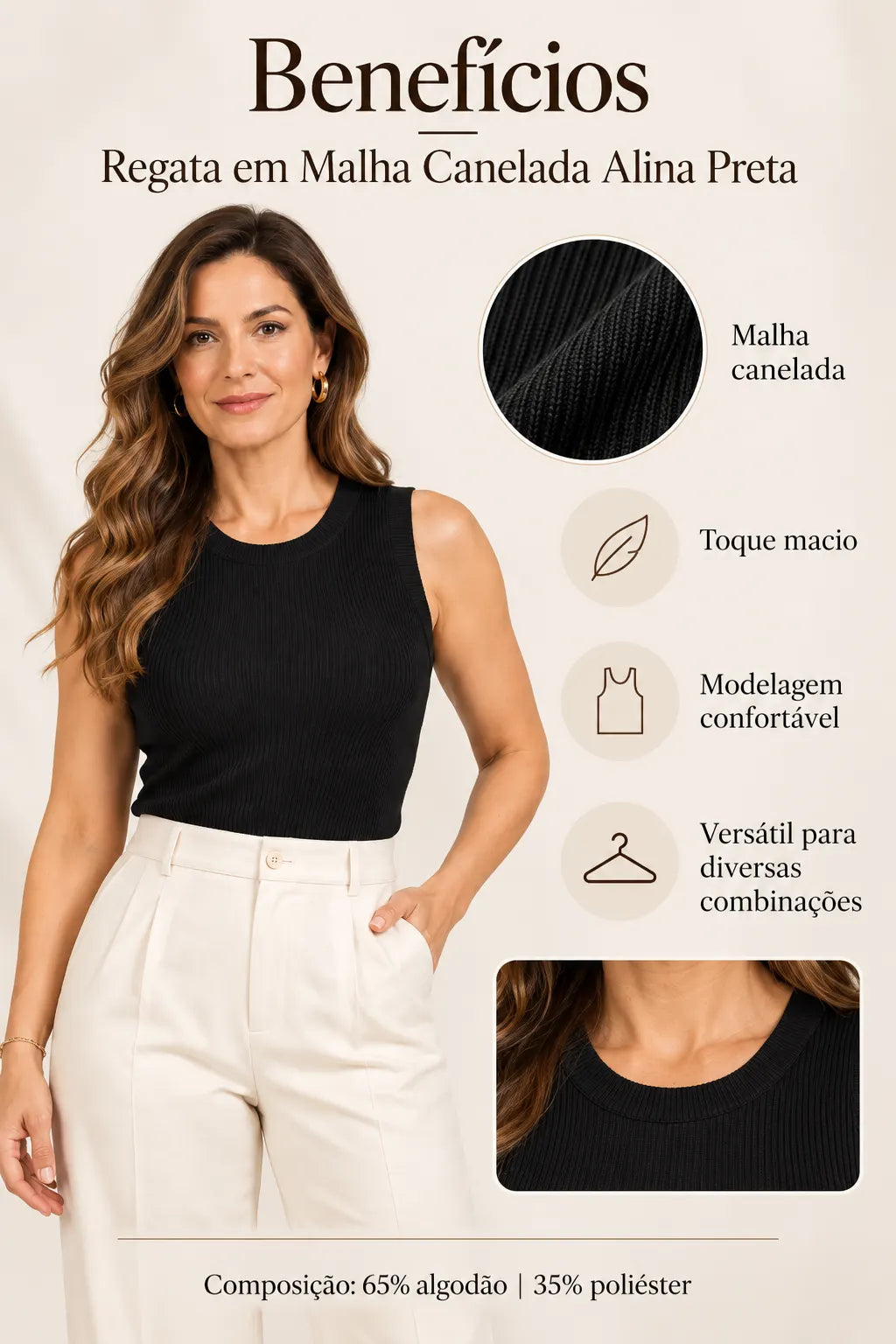 Regata em Malha Canelada Alina Preta