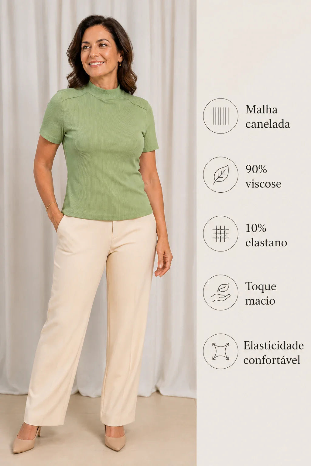 Blusa Malha Canelada que Estica Emília Verde - foto de frente