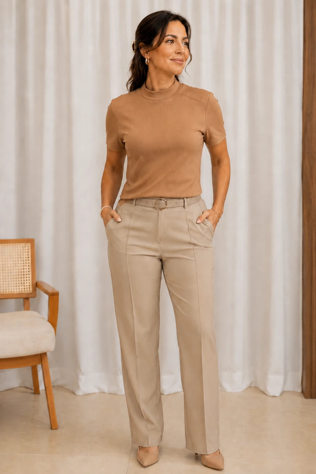 Blusa Malha Canelada que Estica Emília Bege