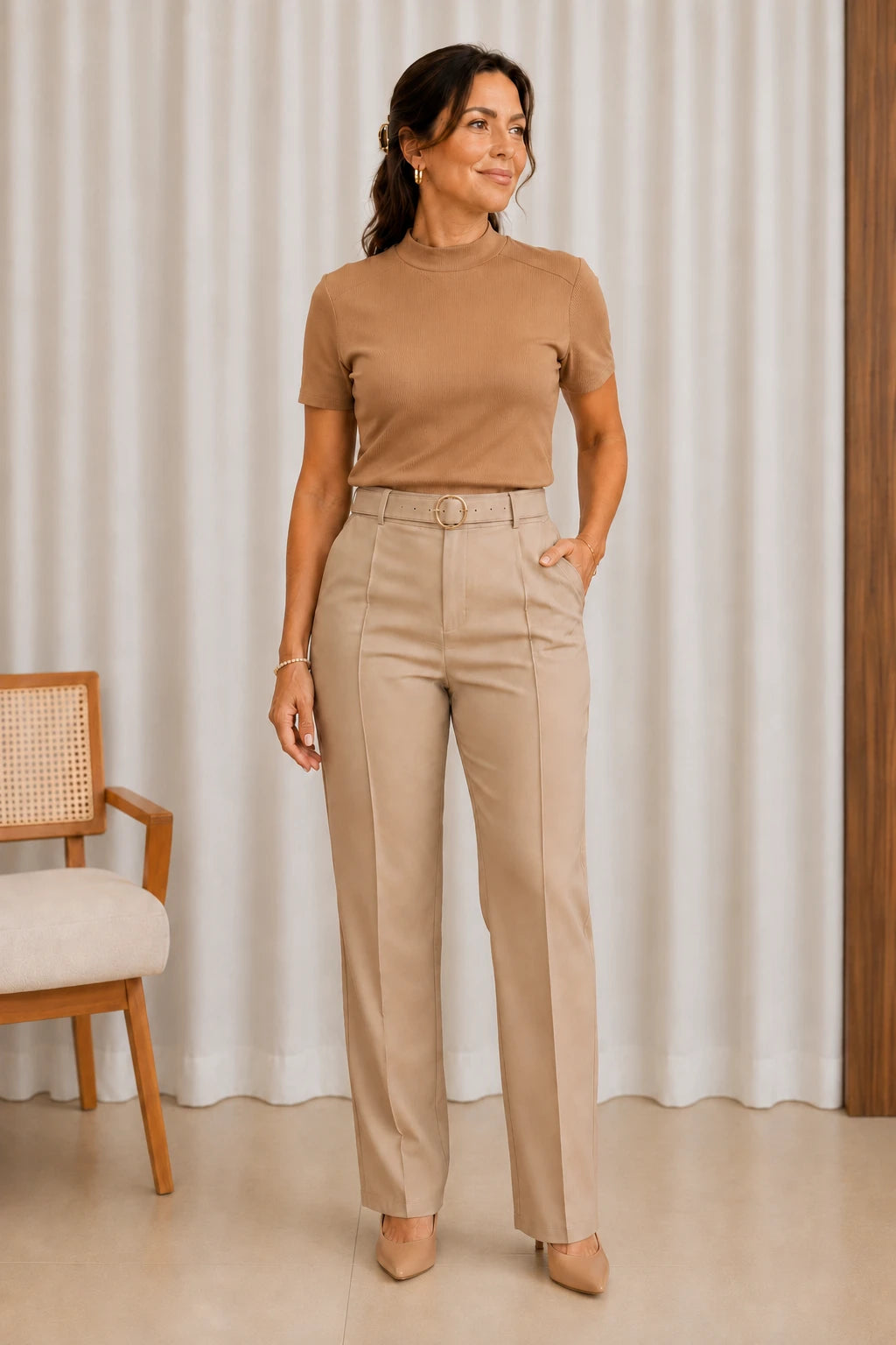 Blusa Malha Canelada que Estica Emília Bege