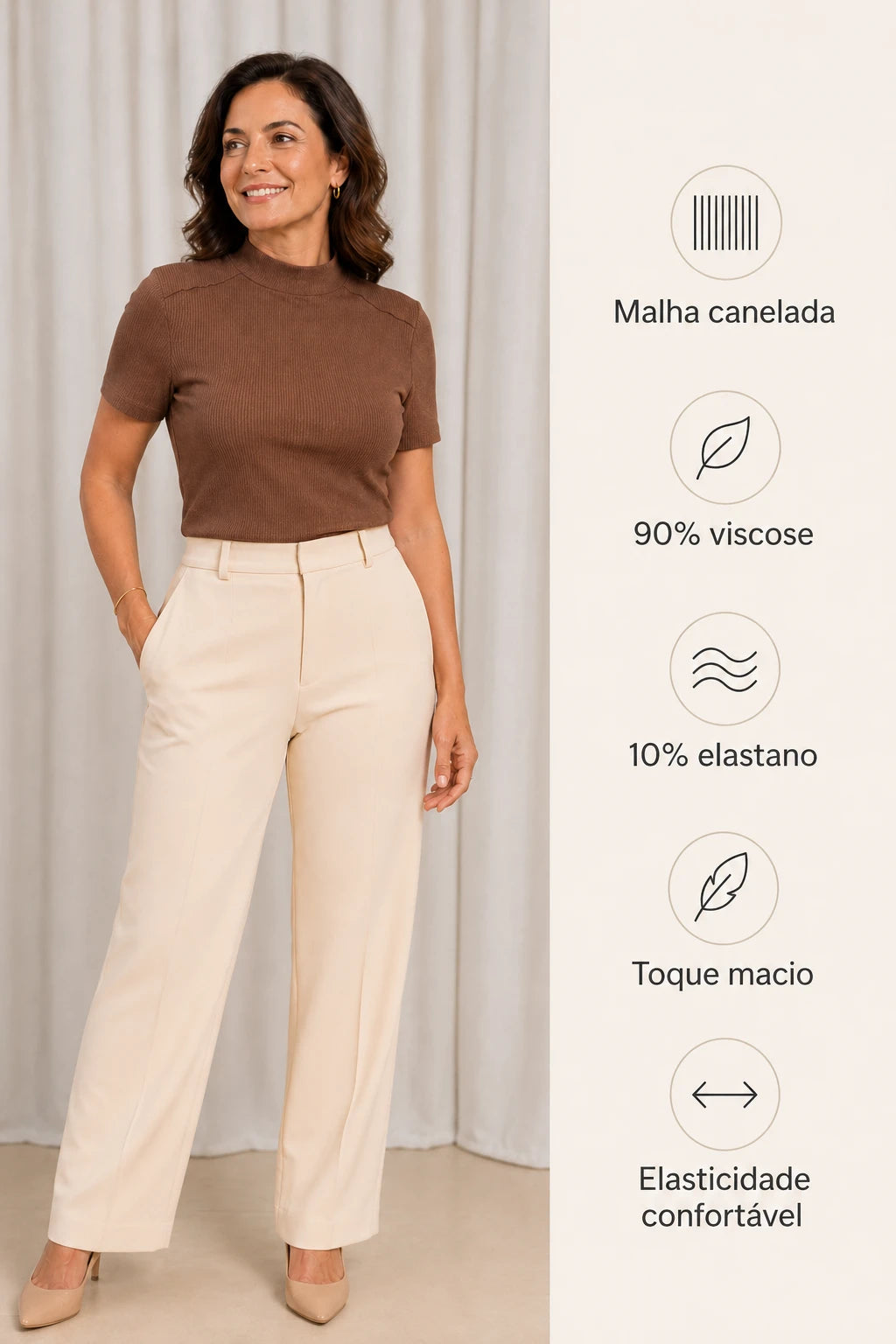 Blusa Malha Canelada que Estica Emília Marrom