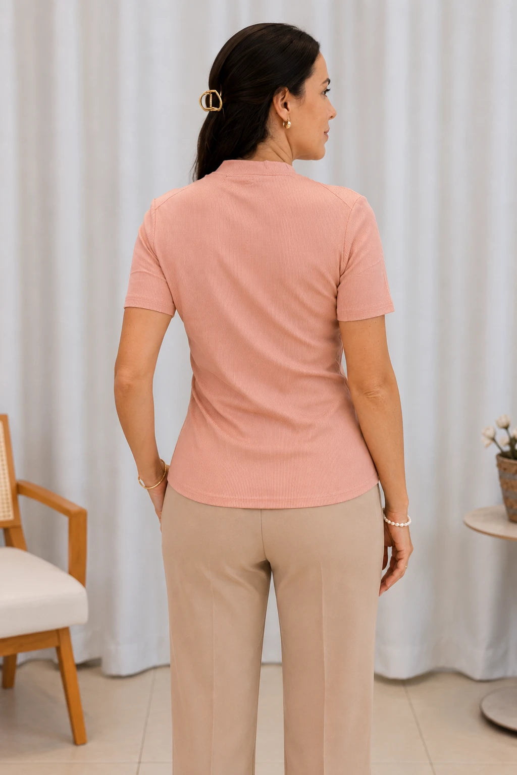 Blusa Malha Canelada que Estica Emília Rosa