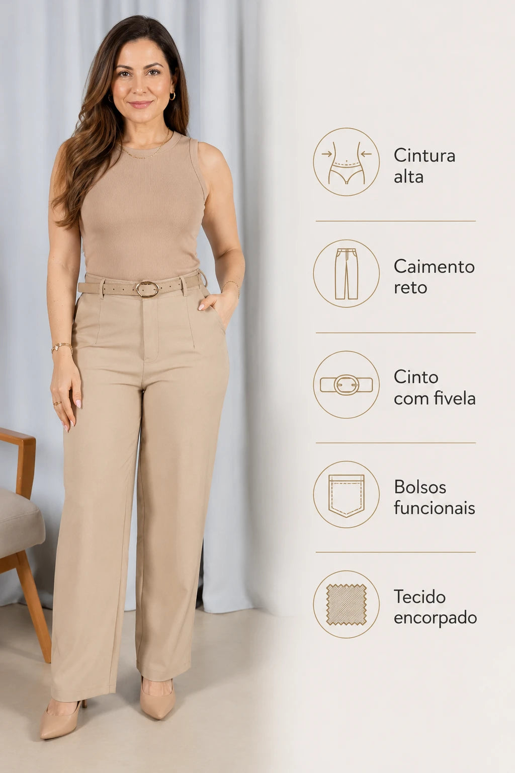 Calça Alfaiataria com Cinto Emma Caqui