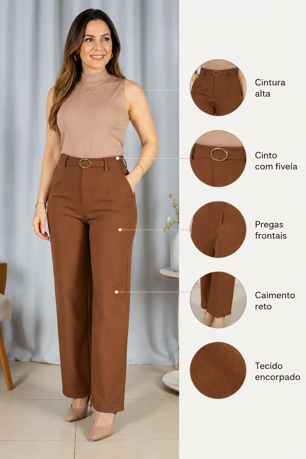 Calça Alfaiataria com Cinto Emma Marrom