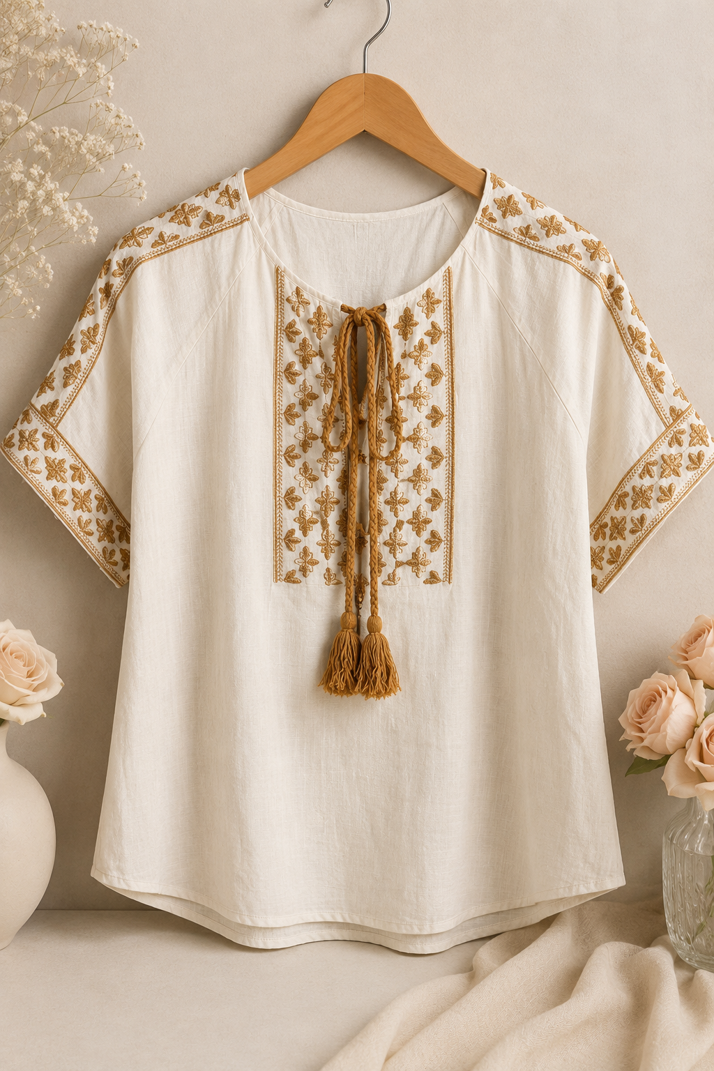 Blusa Em Cotton Linho Fresca Bordada Com Amarração Edna Branca