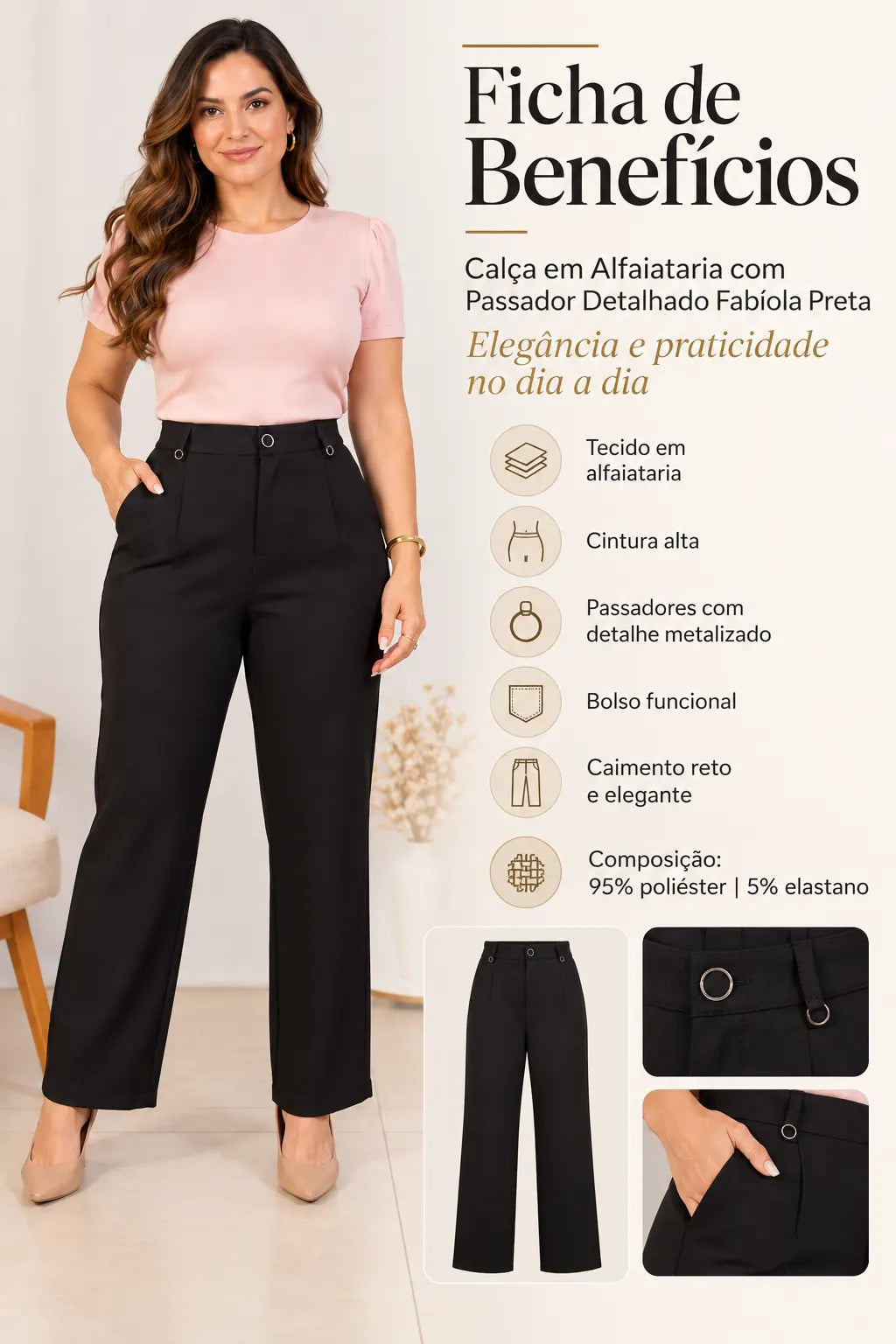 Calça em Alfaiataria com Passador Detalhado Fabíola Preta