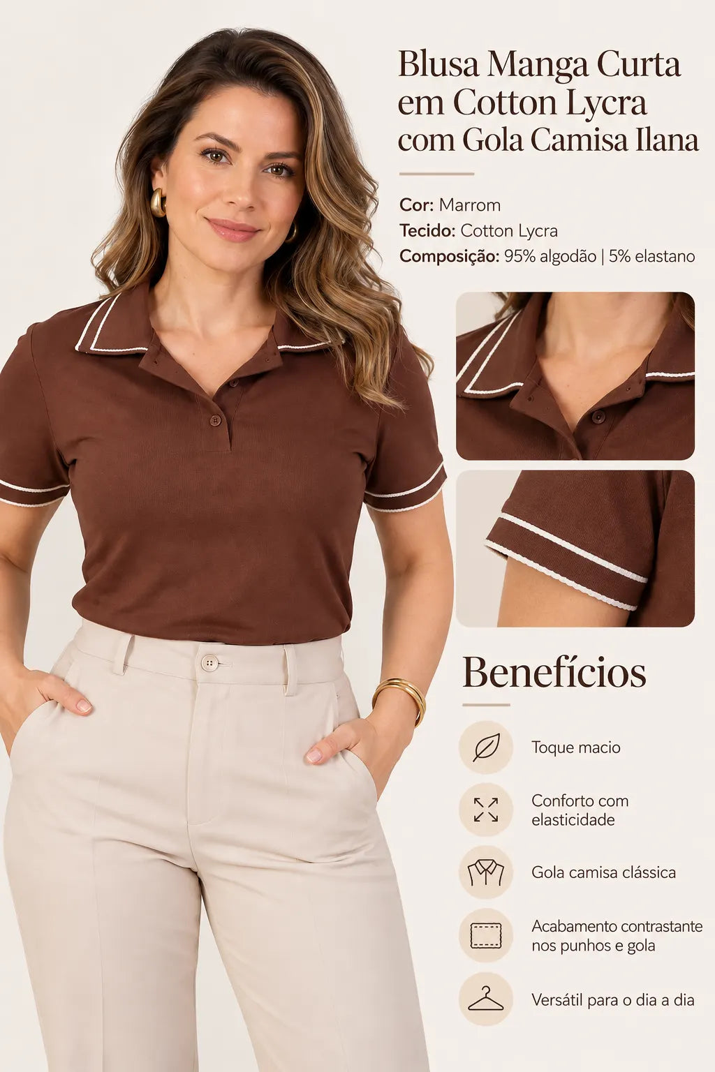 Blusa Manga Curta em Cotton Lycra com Gola Camisa Ilana Marrom