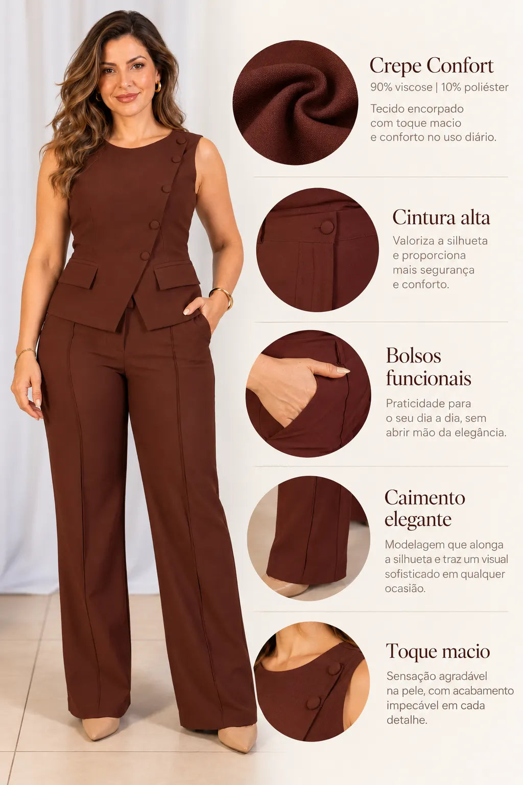 Calça Corte Reto em Crepe Confort Juliane Marrom