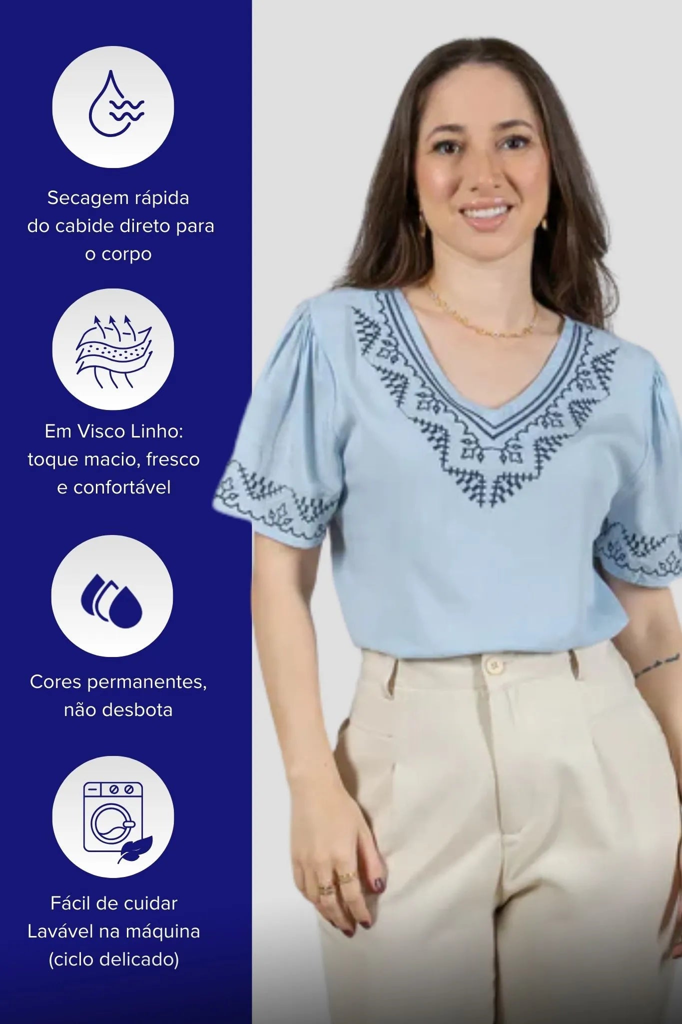 Blusa Manga Curta Detalhe Colo Bordado Visco Linho Jaqueline Azul