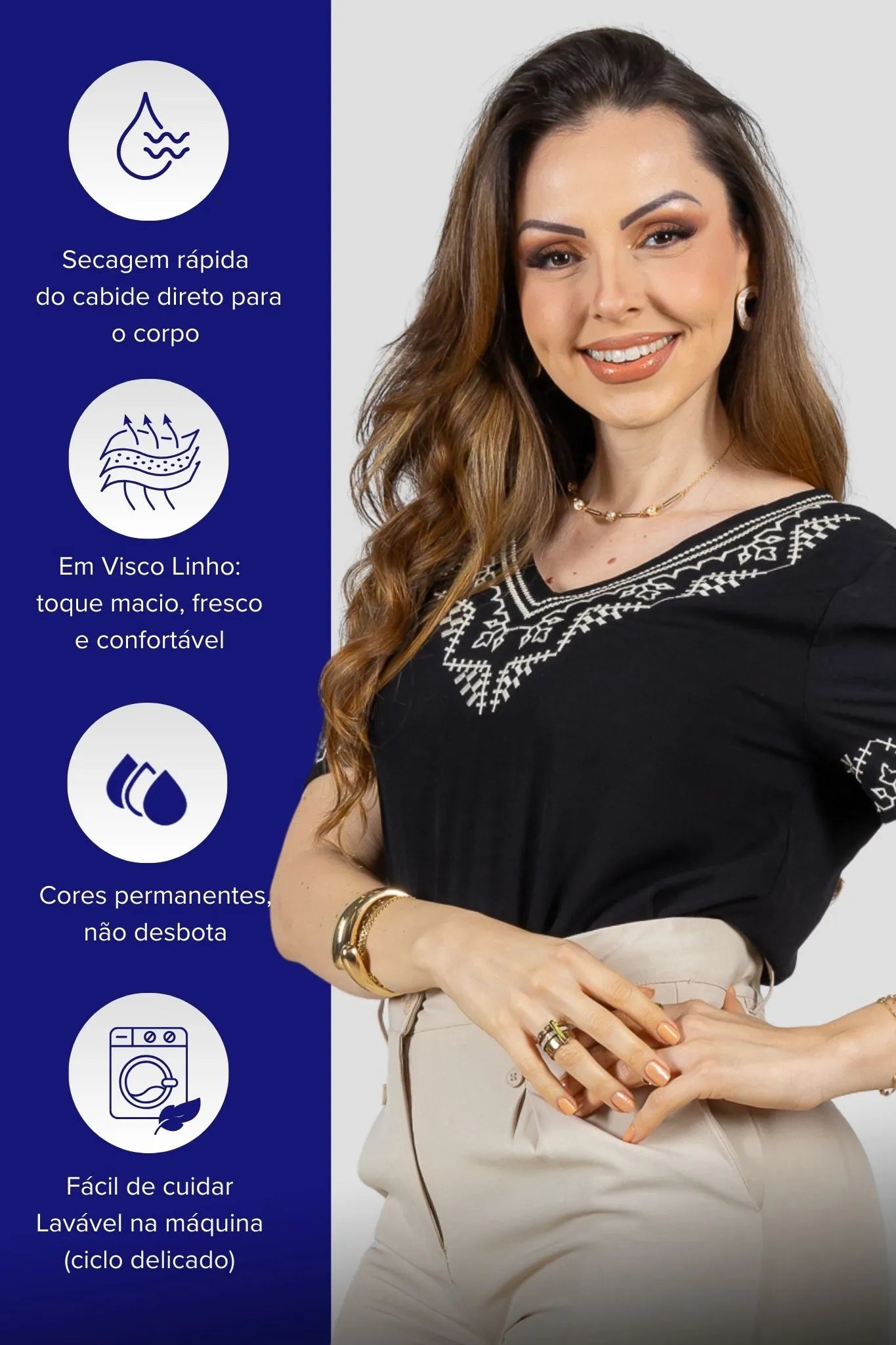 Blusa Manga Curta Detalhe Colo Bordado Visco Linho Jaqueline Preta