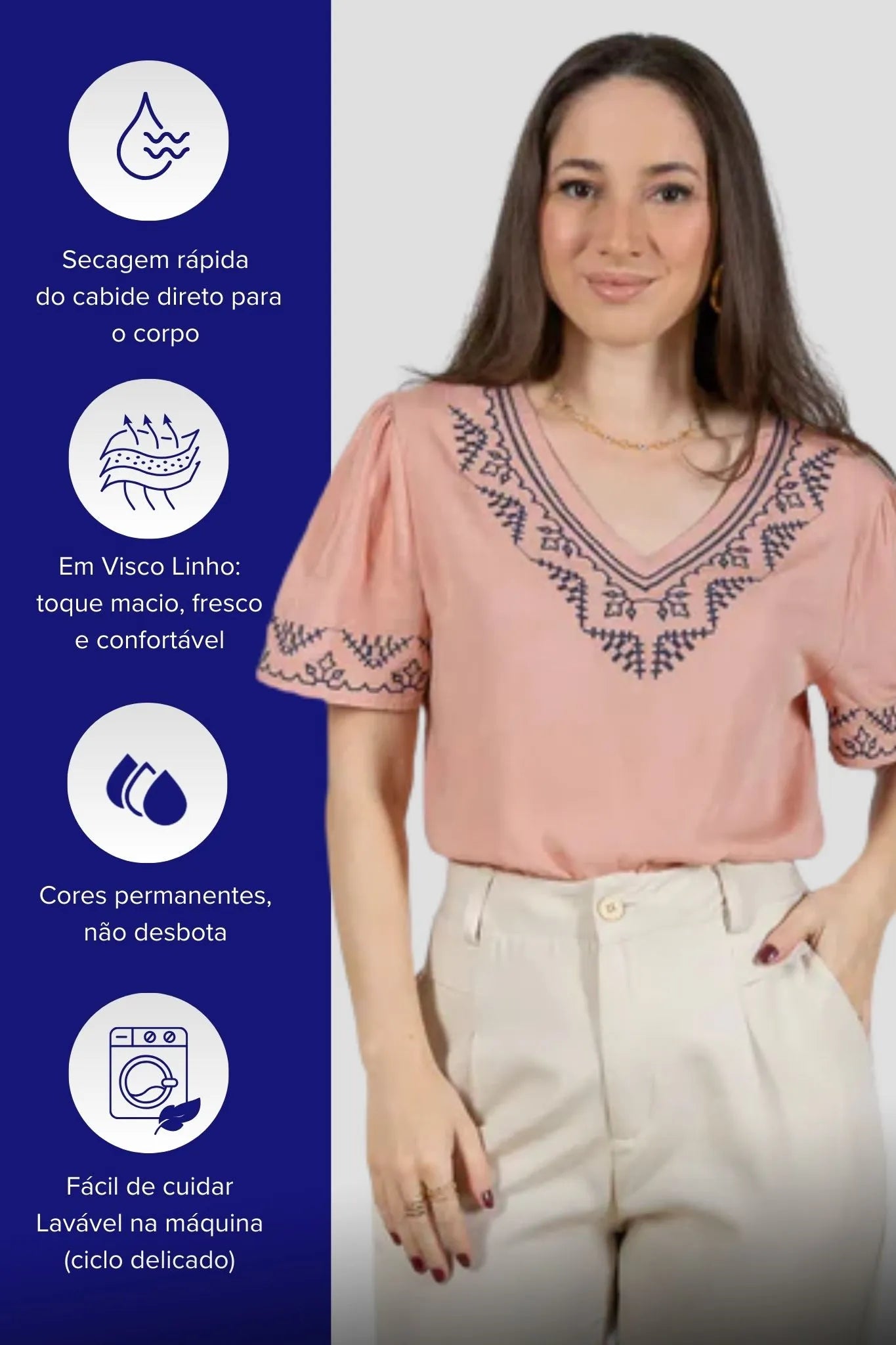 Blusa Manga Curta Detalhe Colo Bordado Visco Linho Jaqueline Rosa