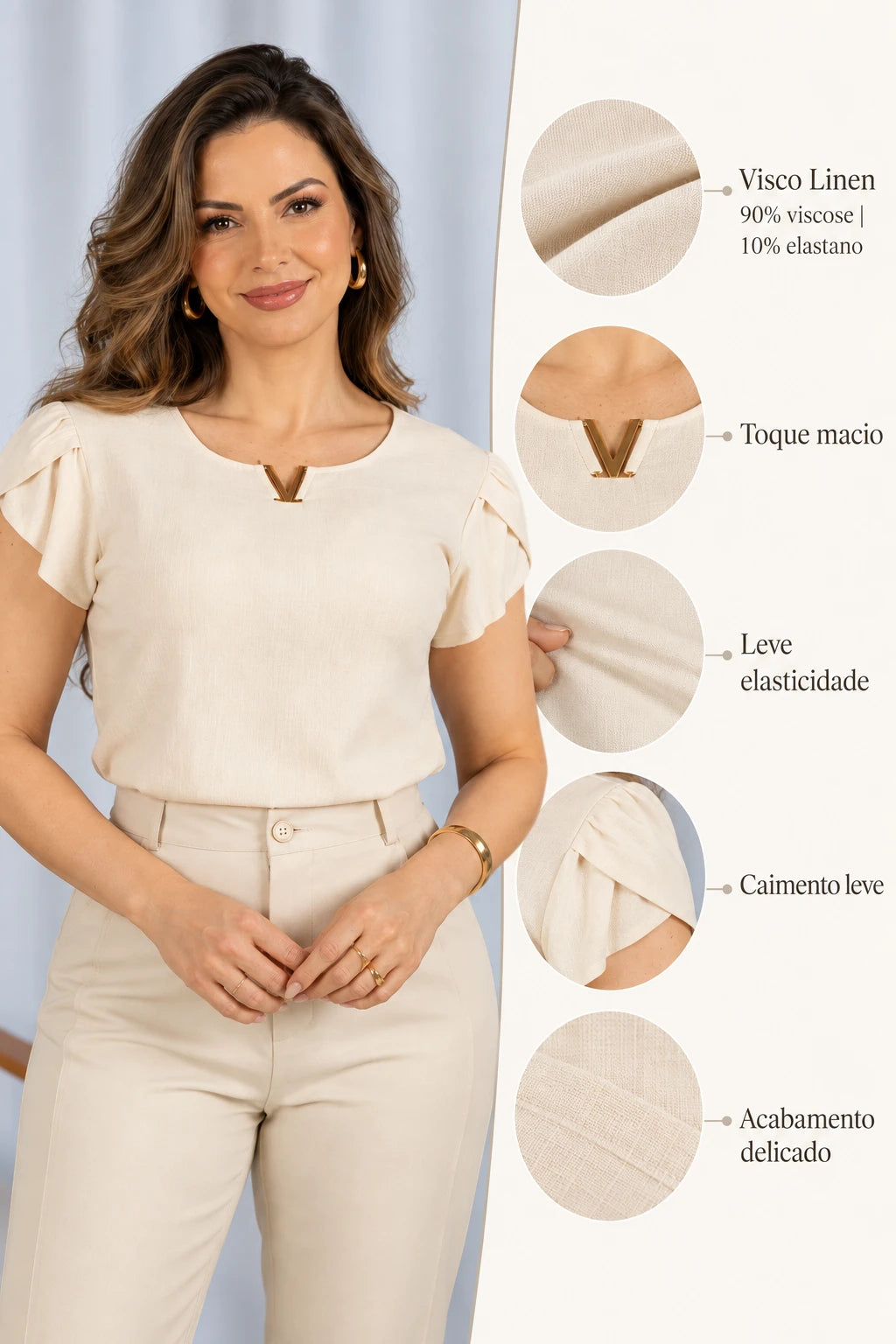 Blusa Manga Curta Transpassada Decote V Laiara Creme