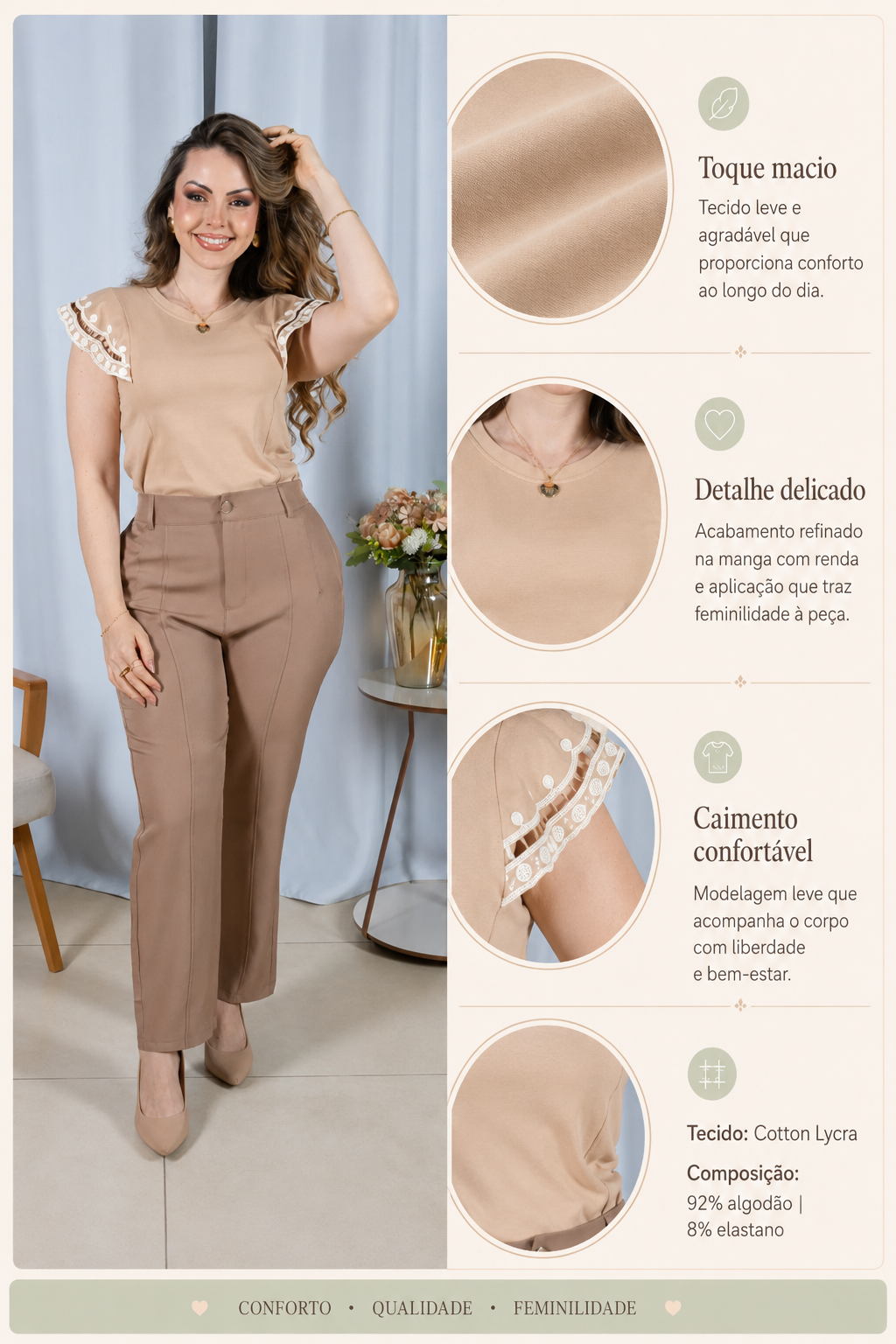 Blusa Cotton Lycra Muscle com Bordado Delicado Laís Bege