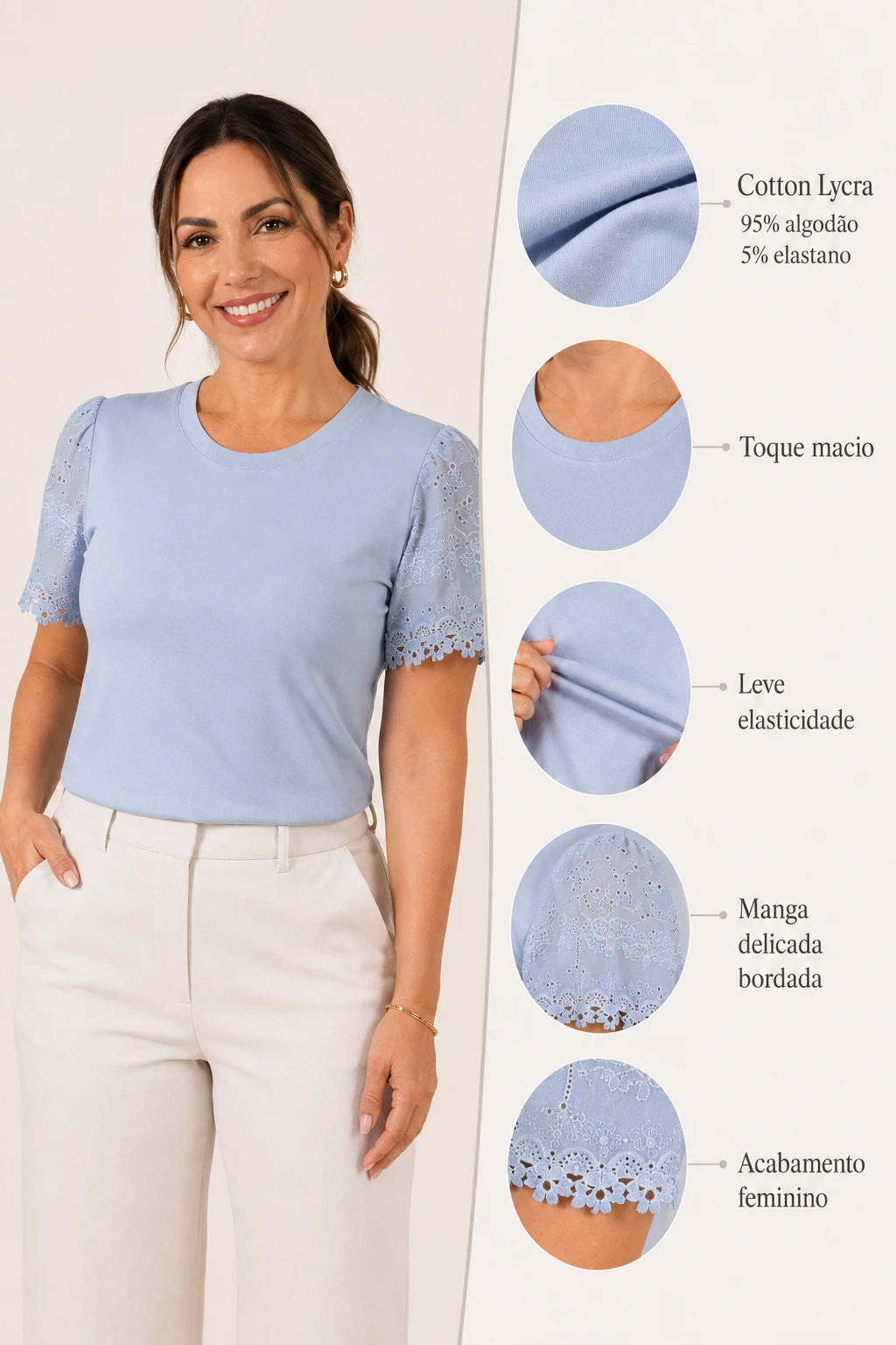 Blusa Cotton Lycra com Manga Delicada Leia Azul