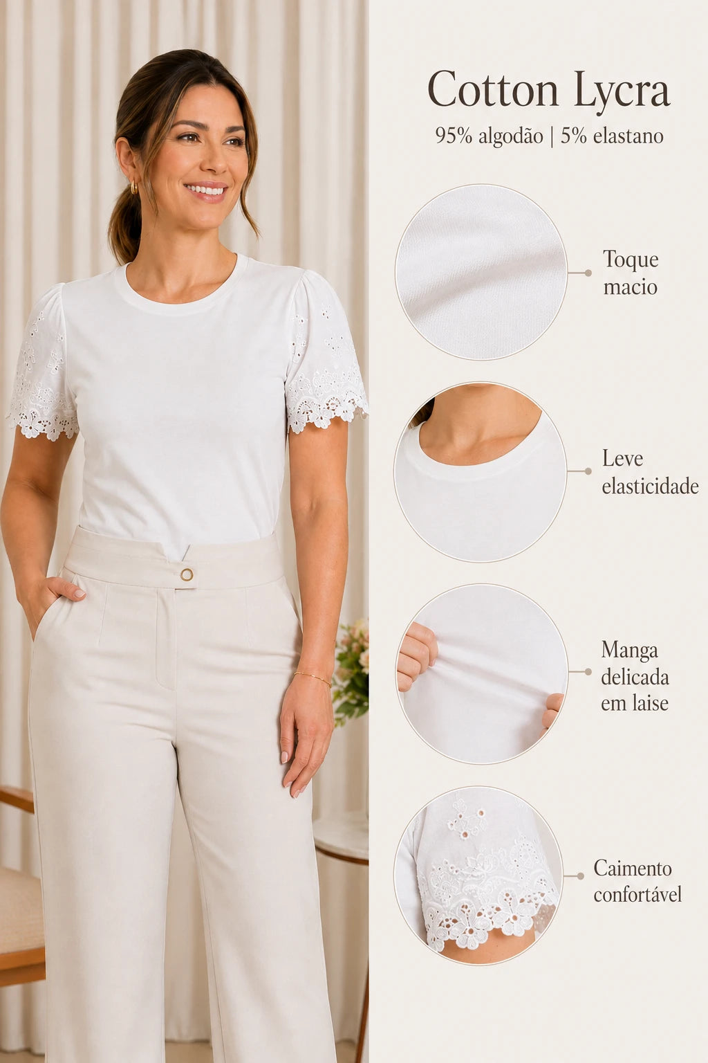 Blusa Cotton Lycra com Manga Delicada Leia Branca