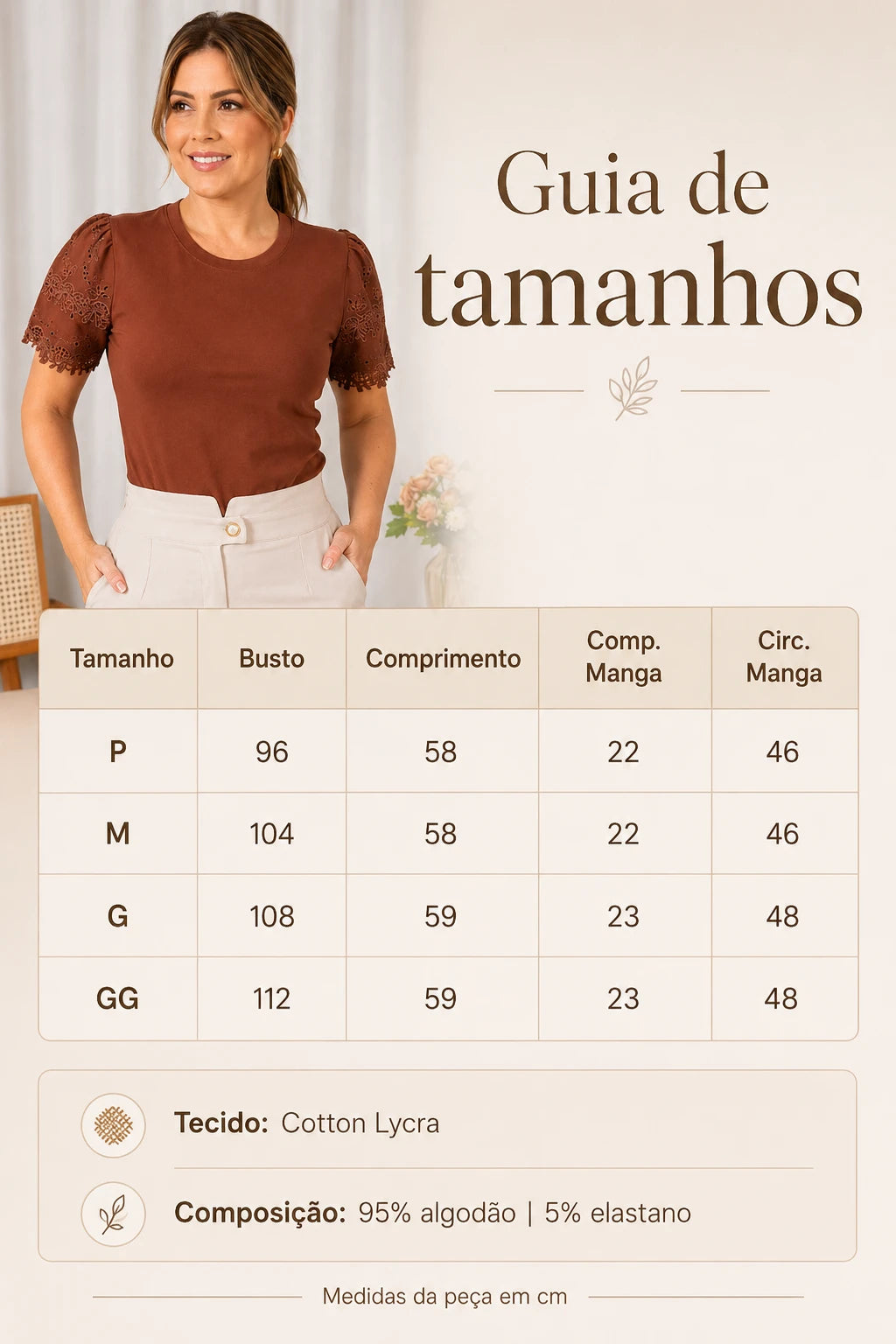 Blusa Cotton Lycra com Manga Delicada Leia Marrom
