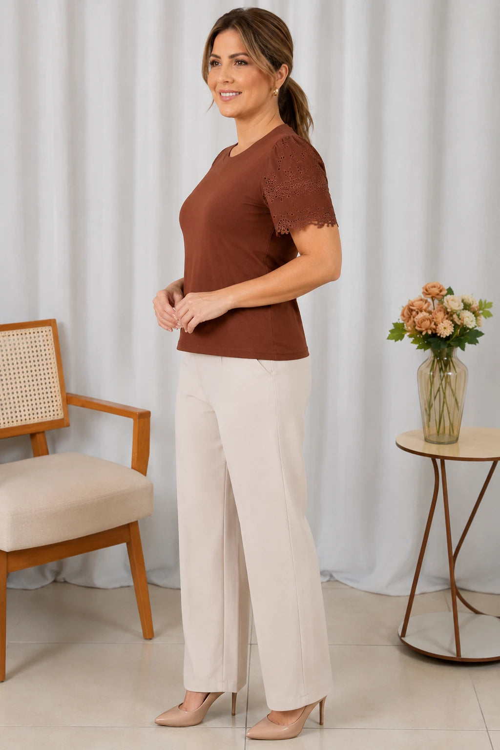 Blusa Cotton Lycra com Manga Delicada Leia Marrom