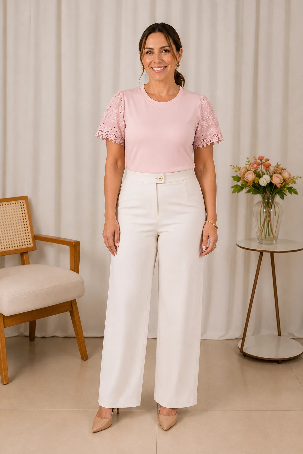 Blusa Cotton Lycra com Manga Delicada Leia Rosa