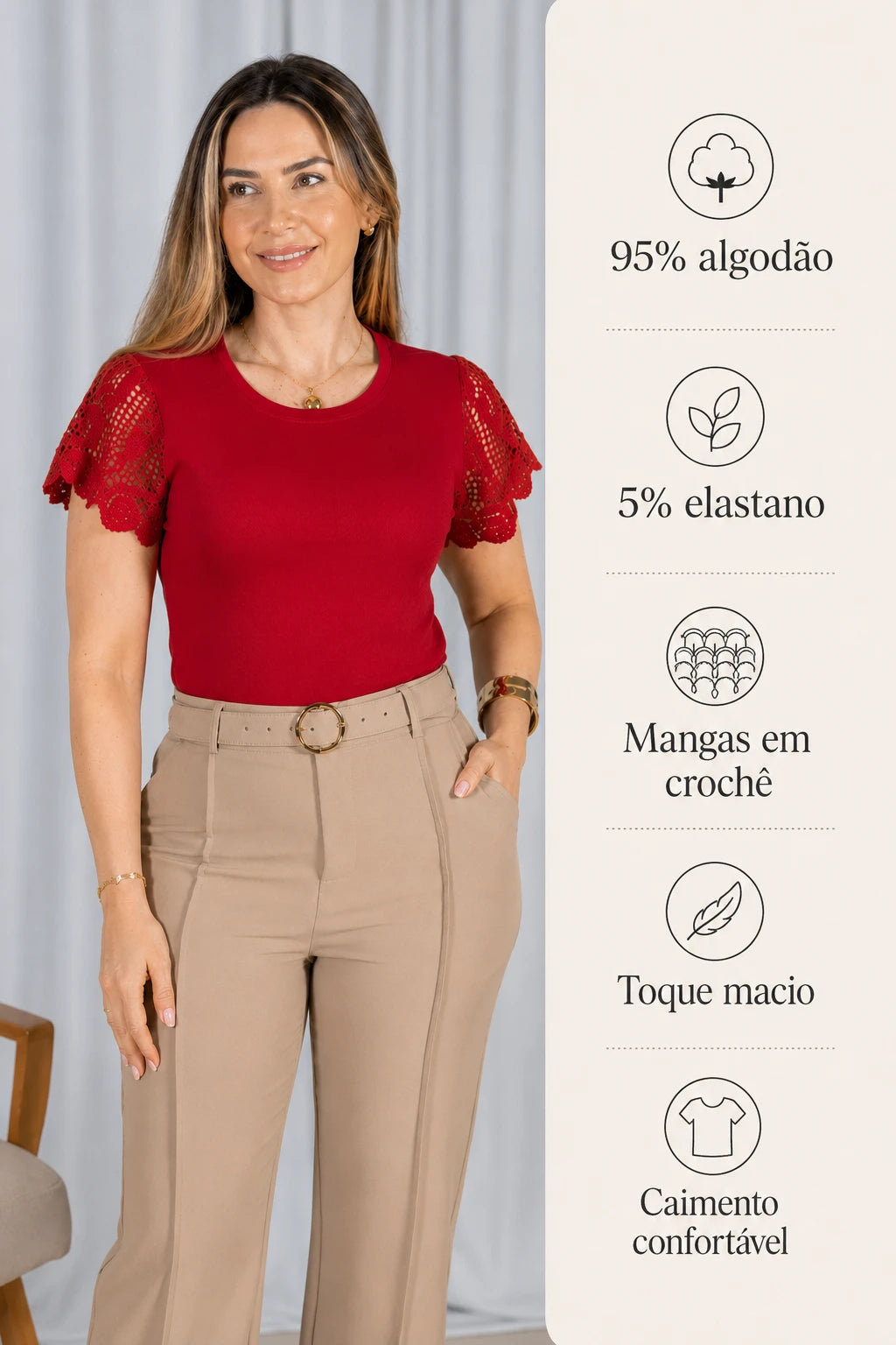 Blusa Cotton Lycra com Detalhe em Crochê Lidia Vermelha